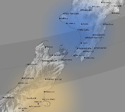 Map of the weather observed across New Zealand during the solar eclipse of 01/15/1991