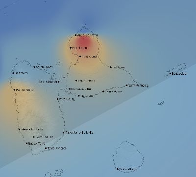 Map of the weather observed across Guadeloupe during the solar eclipse of 02/26/1998