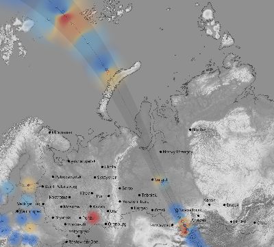 Map of the weather observed across Russia during the solar eclipse of 08/01/2008