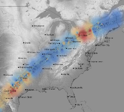 Map of the weather observed across United States during the solar eclipse of 04/08/2024
