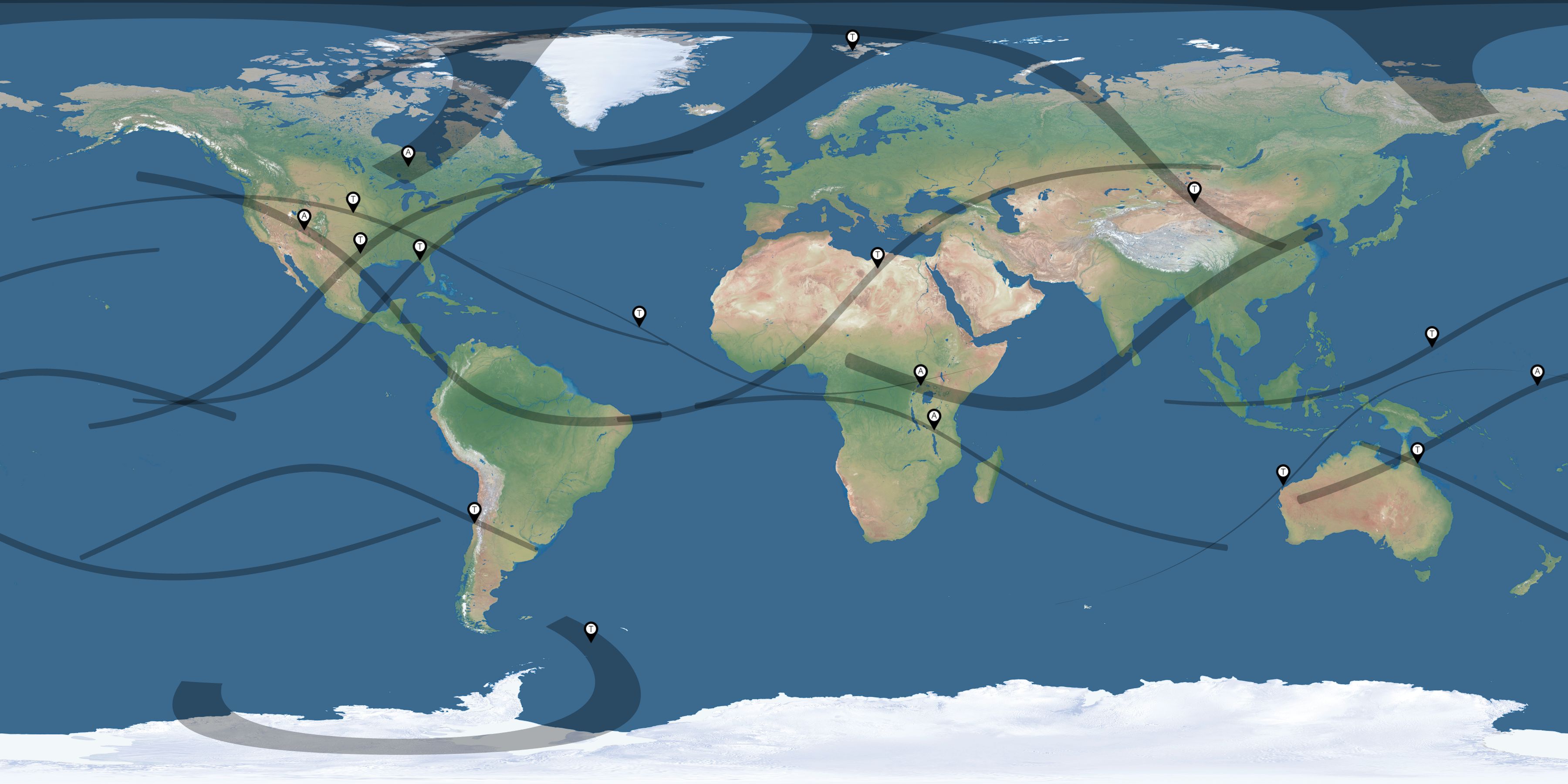 Map of the solar eclipses reported by Byron Braswell