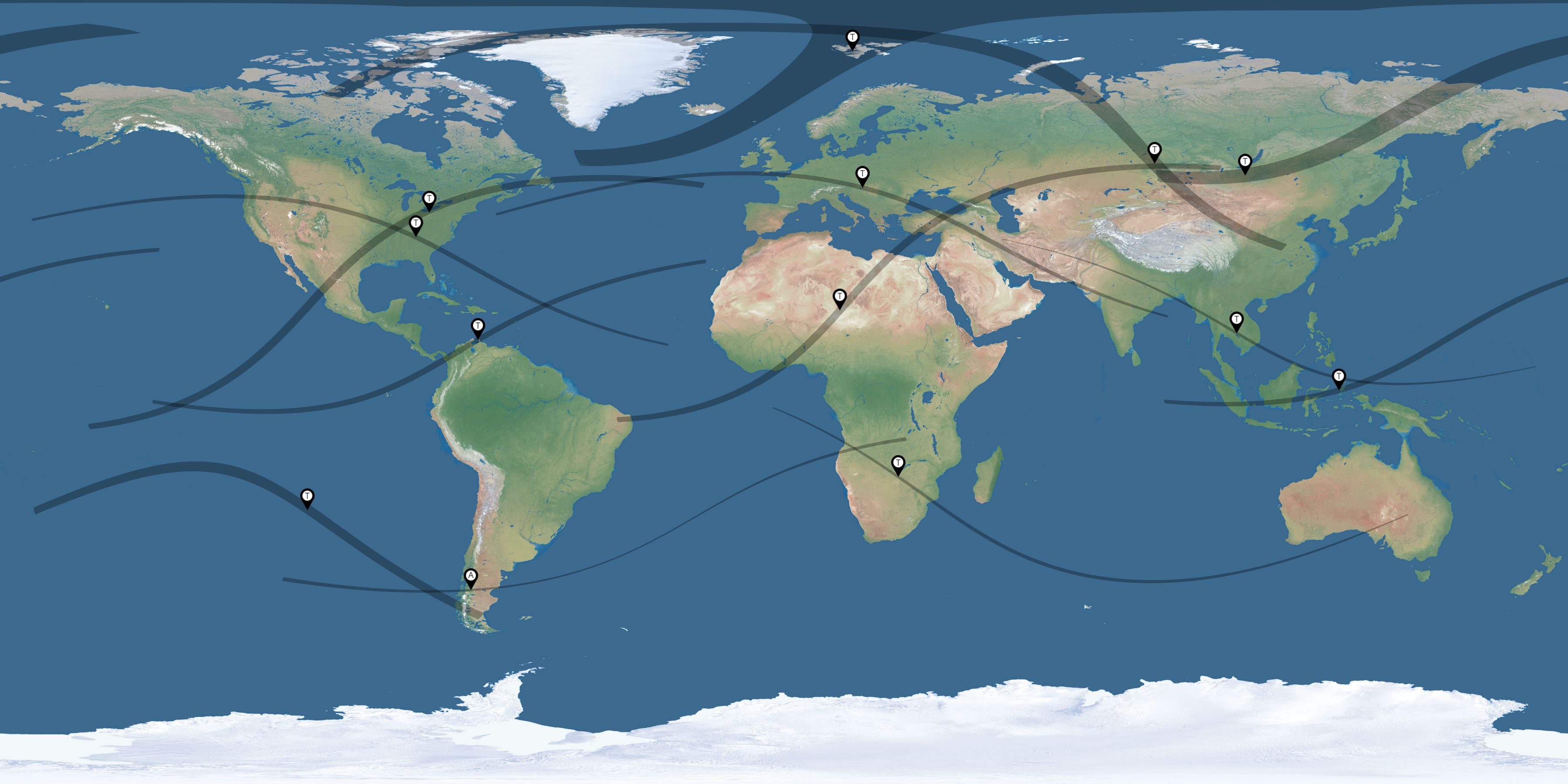 Map of the solar eclipses reported by Brian Ewart