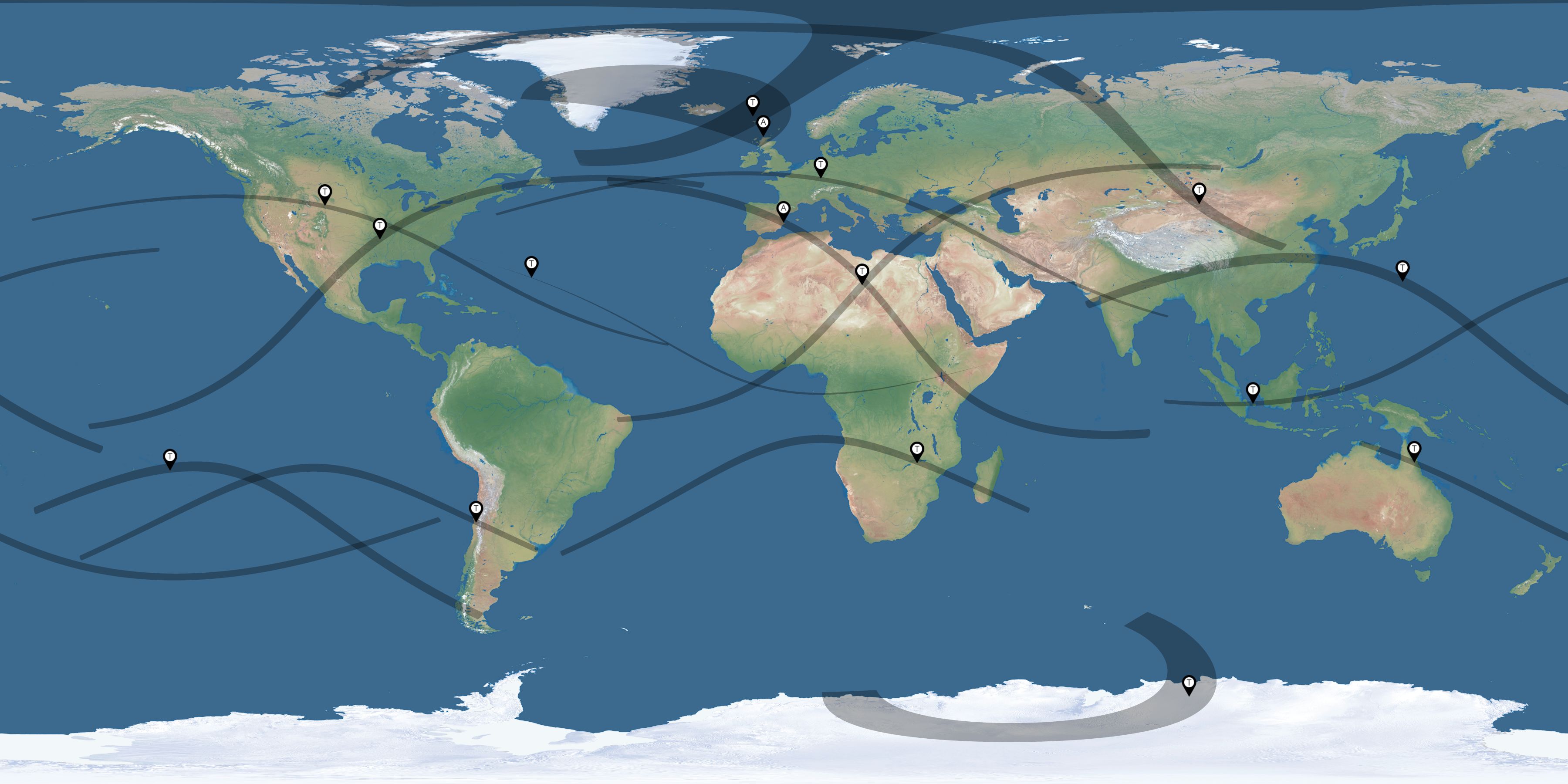 Map of the solar eclipses reported by Daniel Lynch