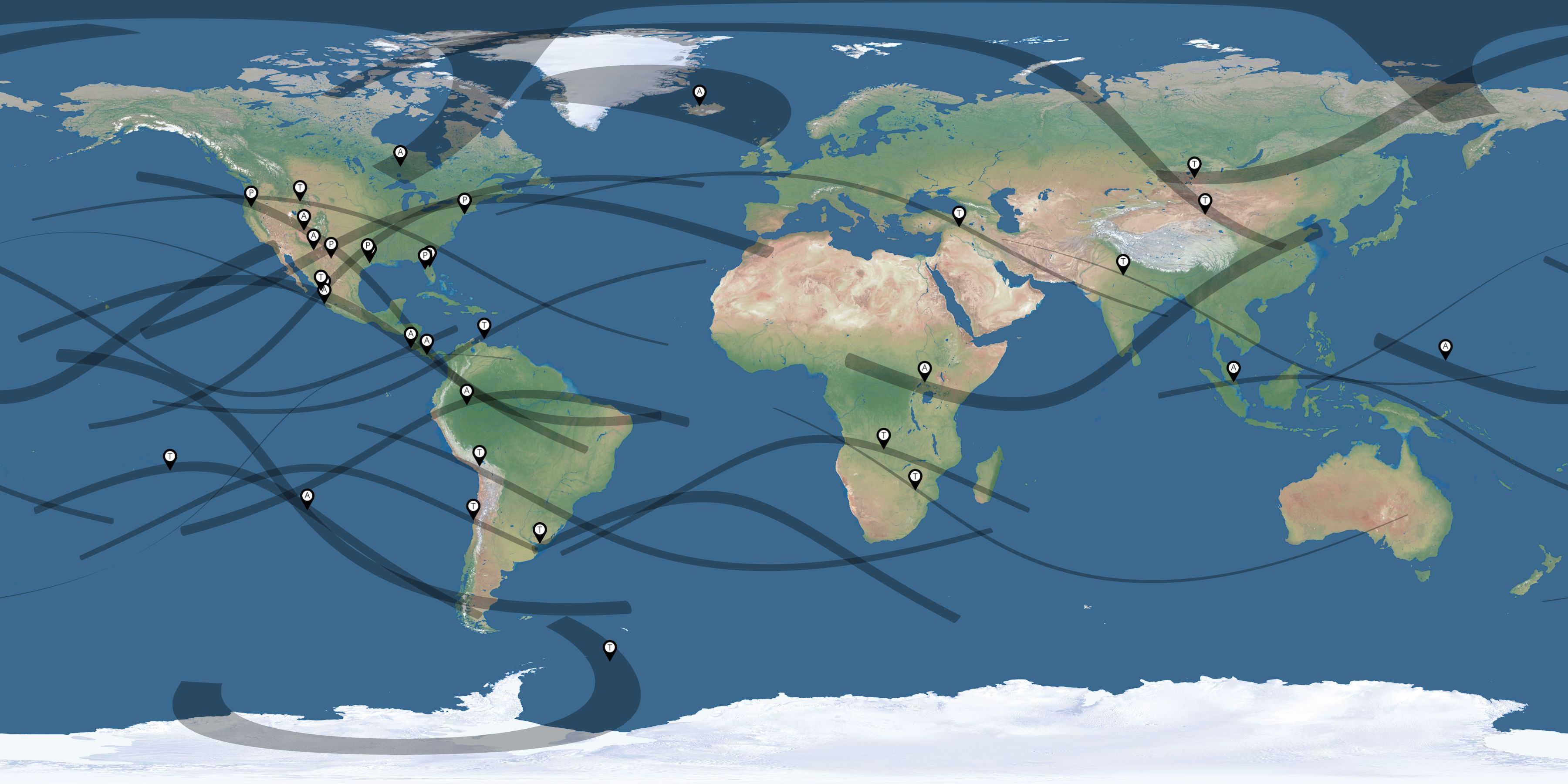 Map of the solar eclipses reported by Richard Nugent