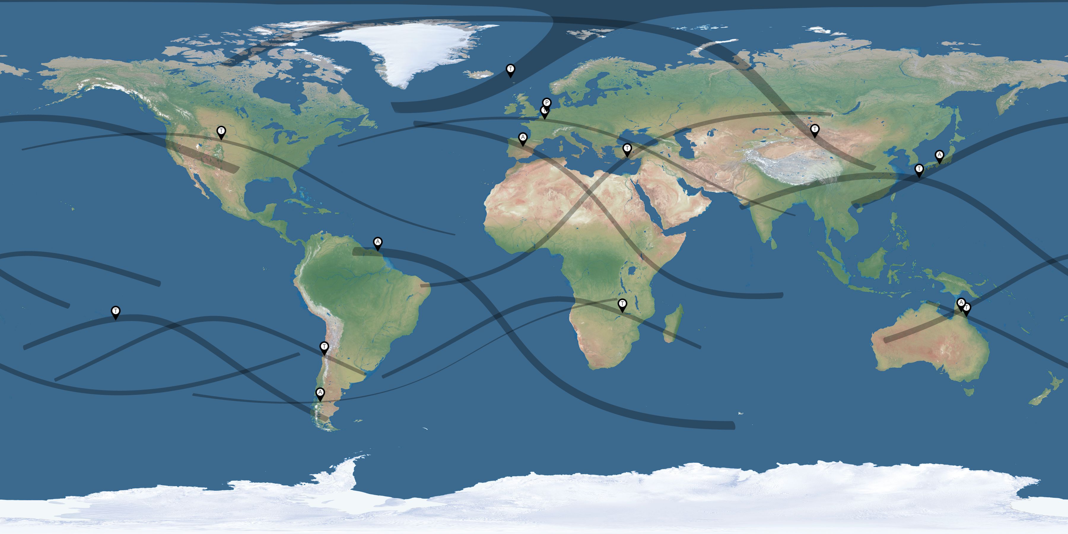Map of the solar eclipses reported by Bertrand Teyssier