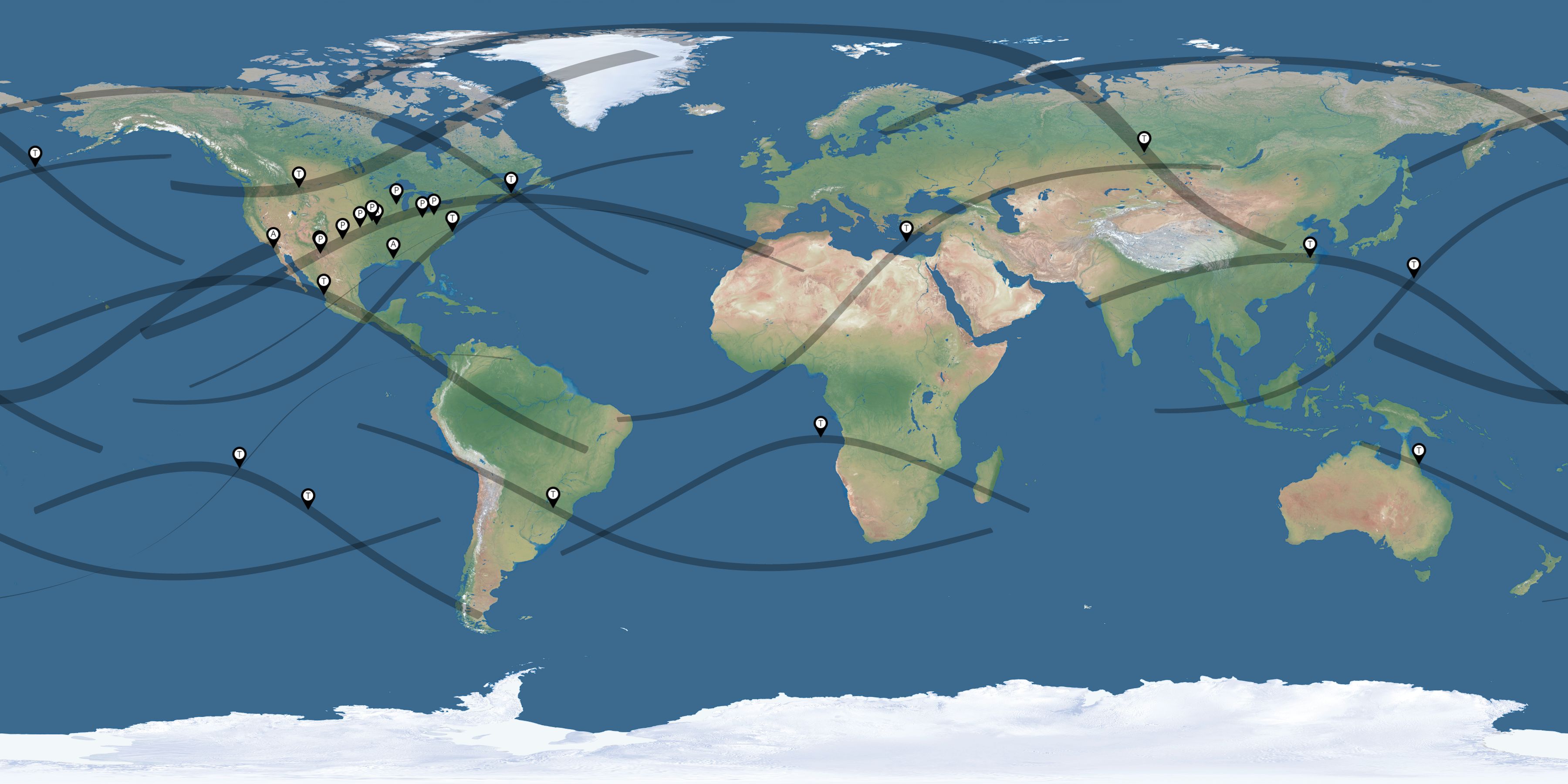 Map of the solar eclipses reported by Michael Bakich