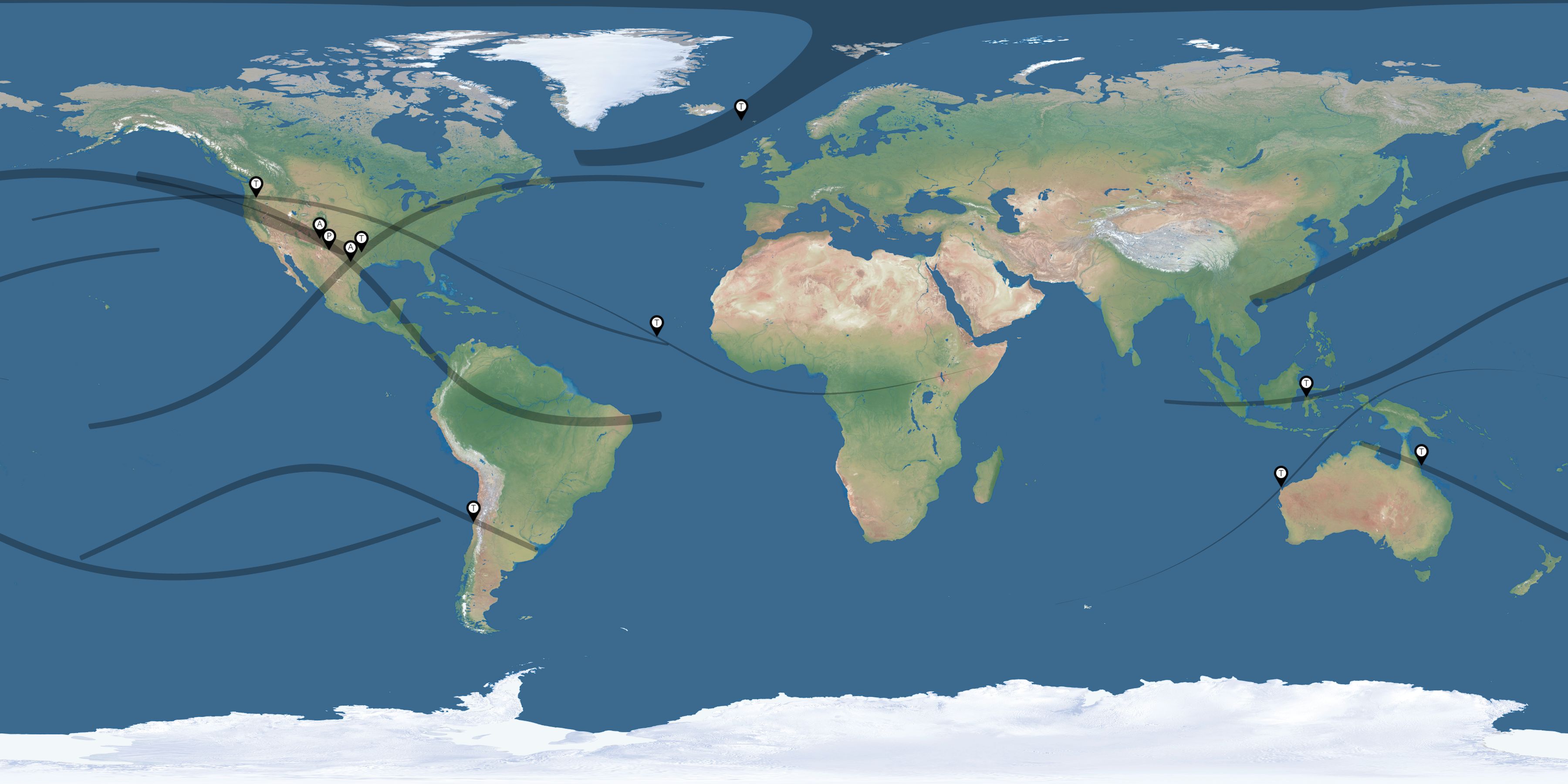 Map of the solar eclipses reported by Daniel Brookshier