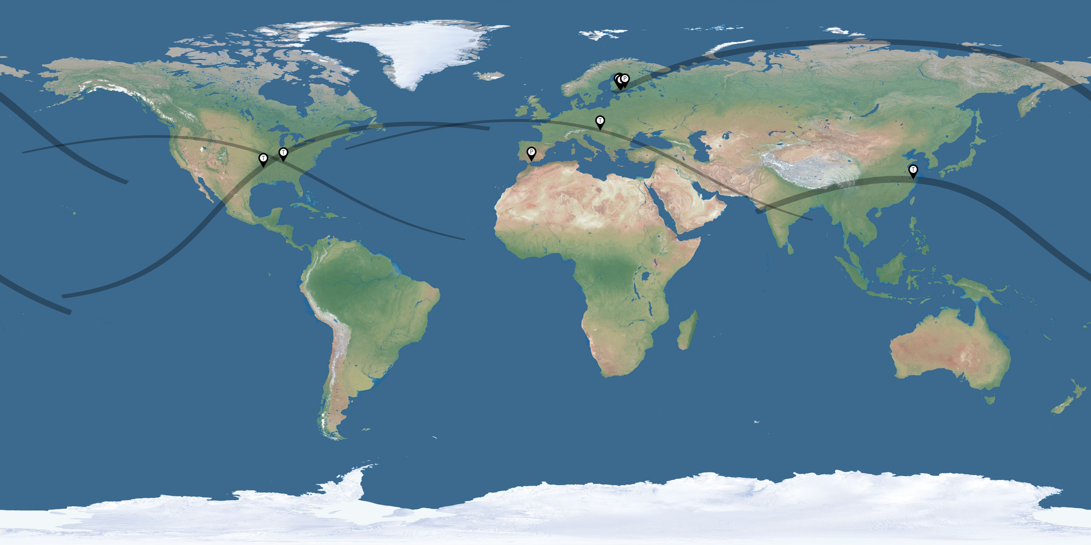 Map of the solar eclipses reported by Lauri Kangas