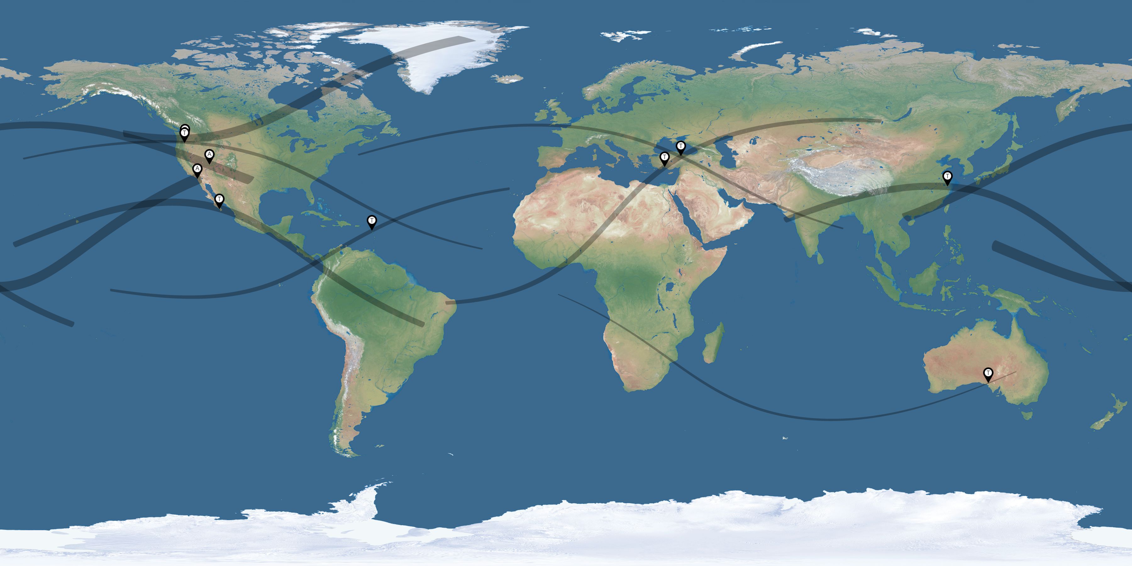 Map of the solar eclipses reported by Dave Moser