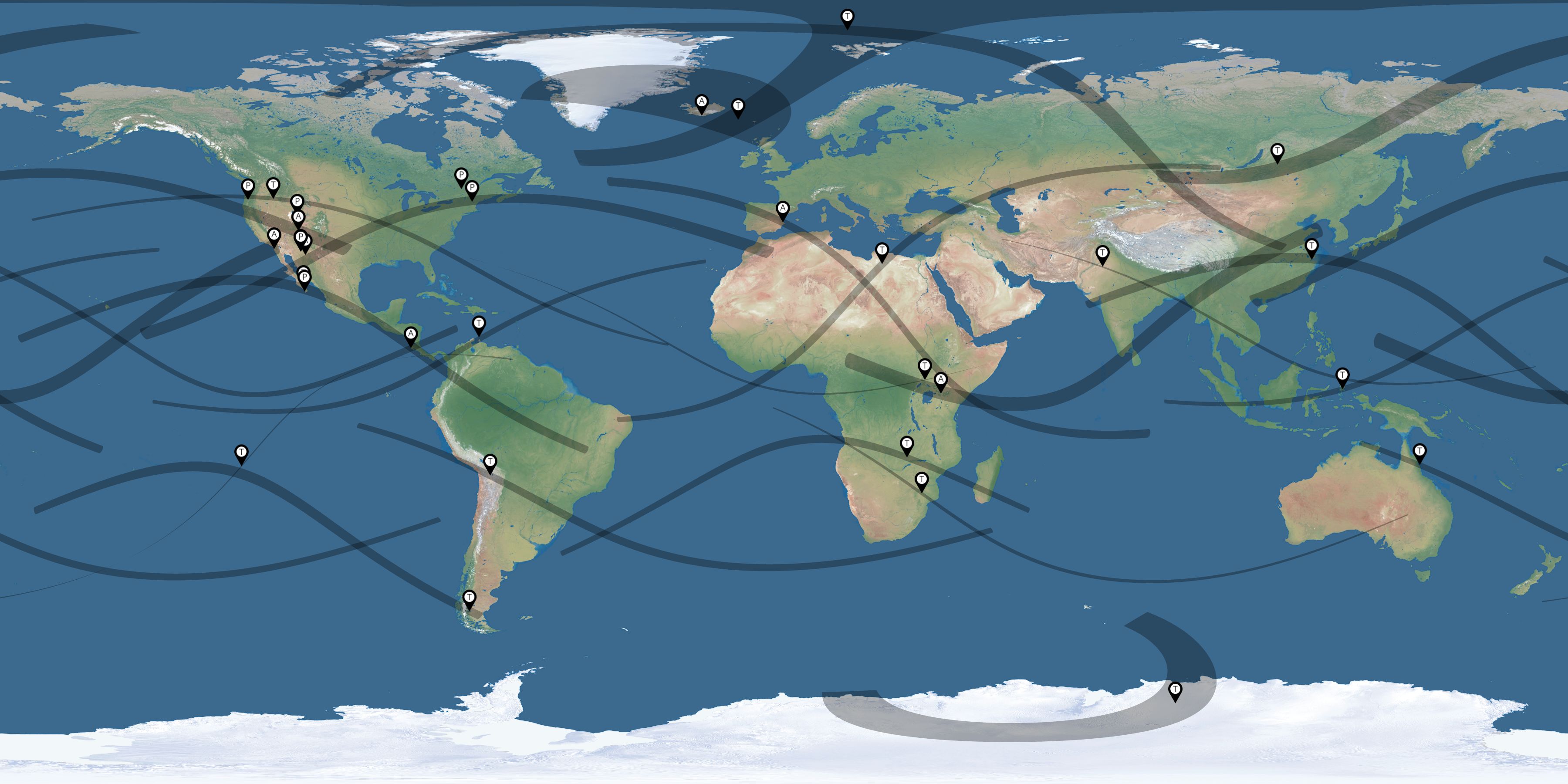 Map of the solar eclipses reported by Mike Smith