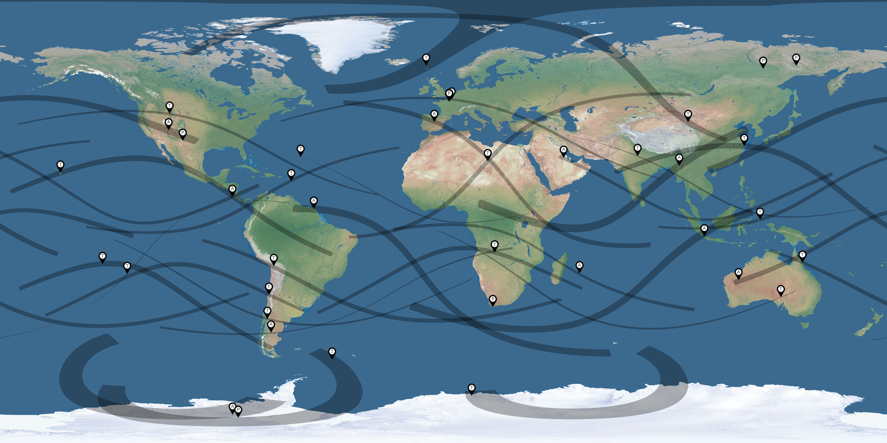 Map of the solar eclipses reported by Xavier Jubier