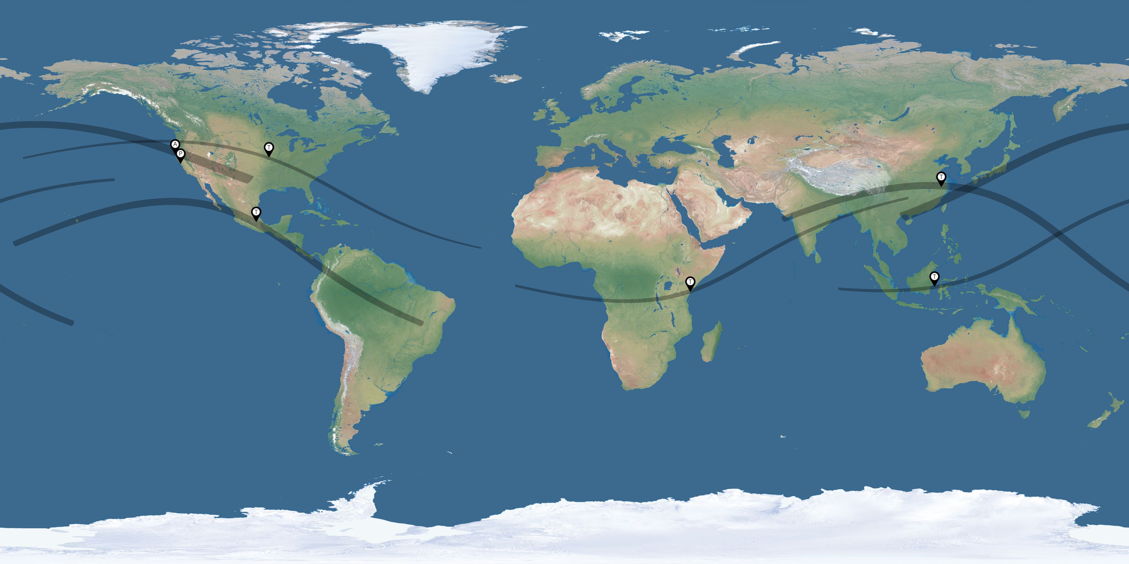 Map of the solar eclipses reported by John Robey