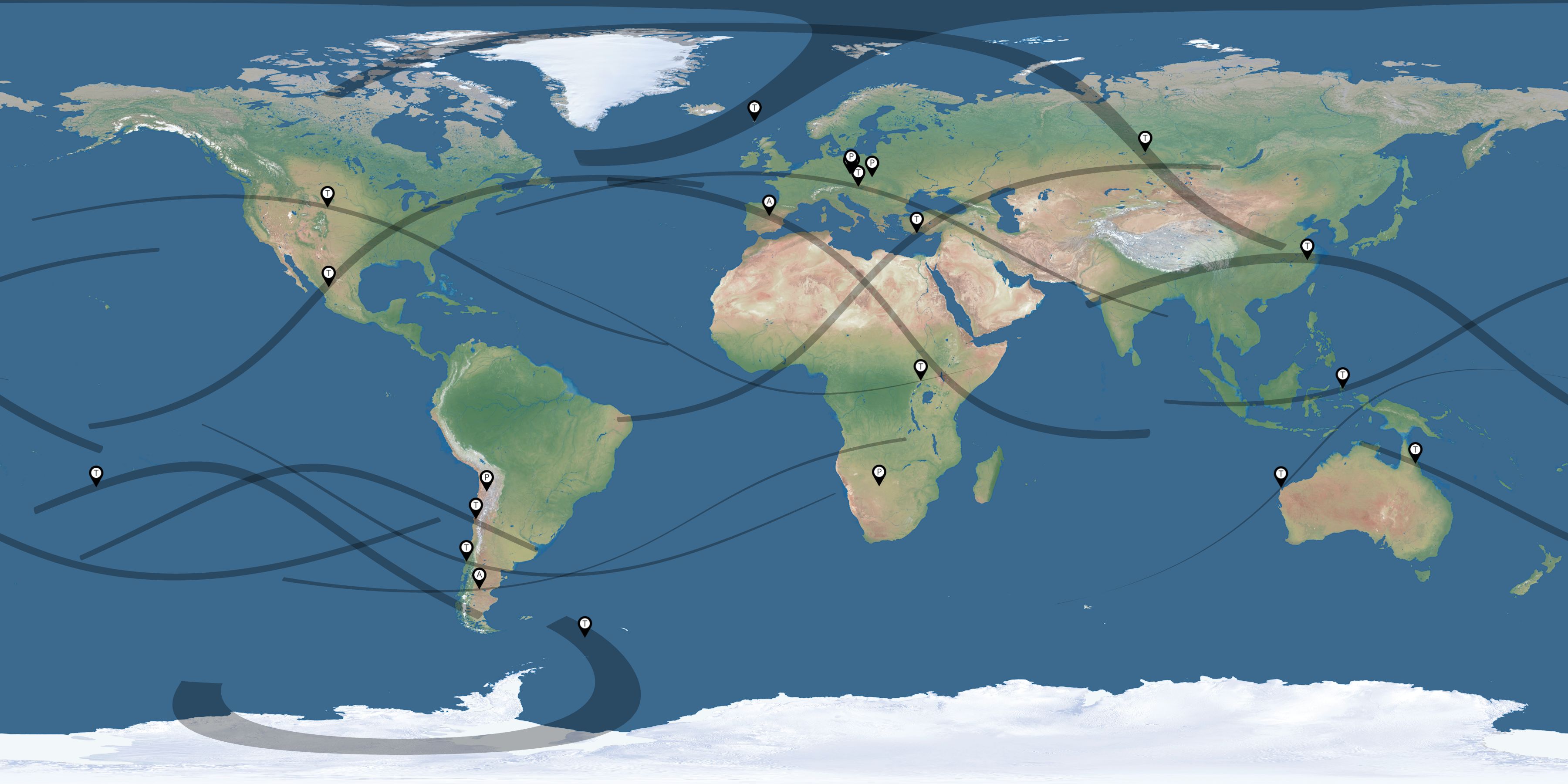 Map of the solar eclipses reported by Petr Horálek