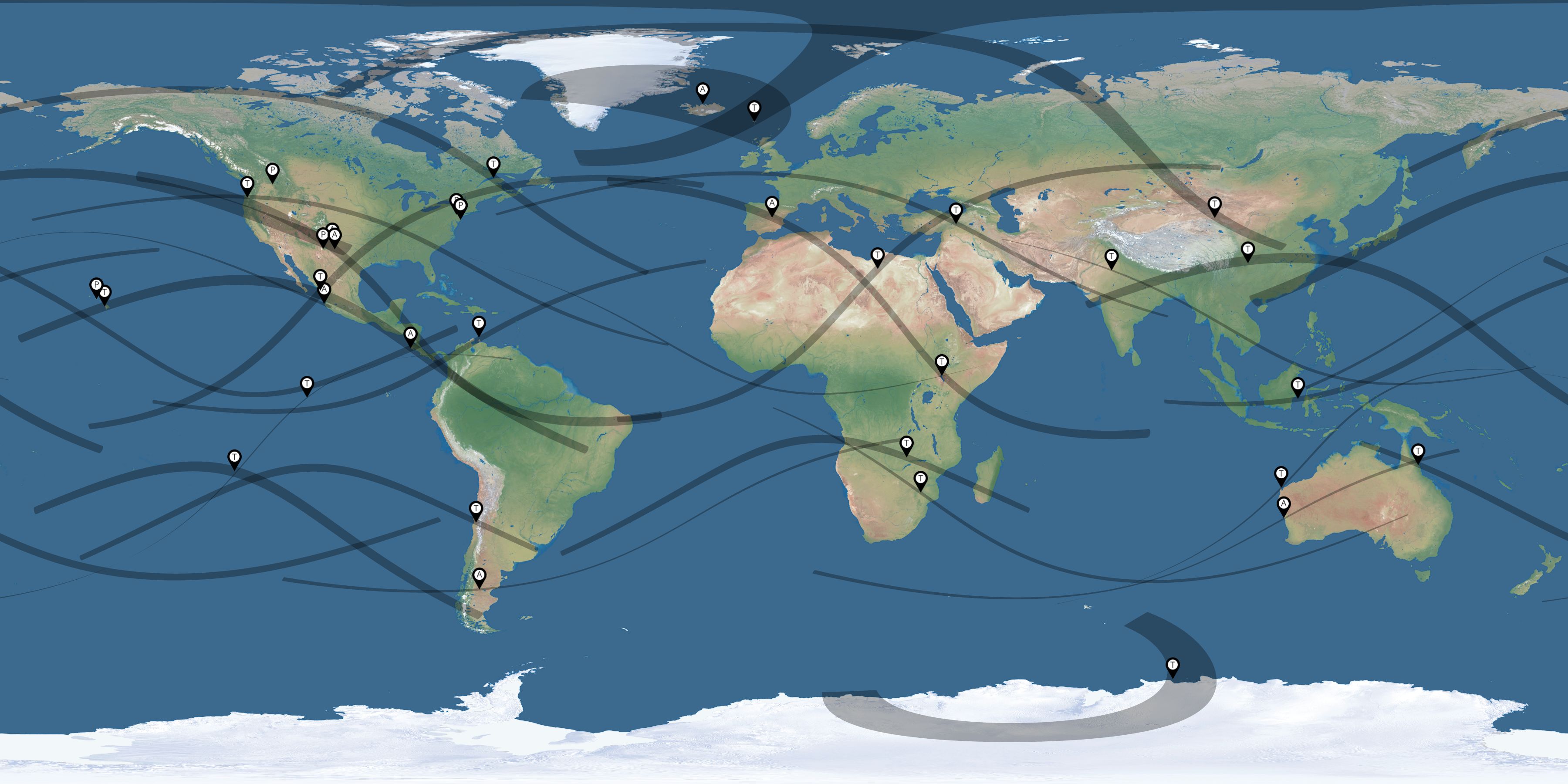 Map of the solar eclipses reported by Patricia Espenak