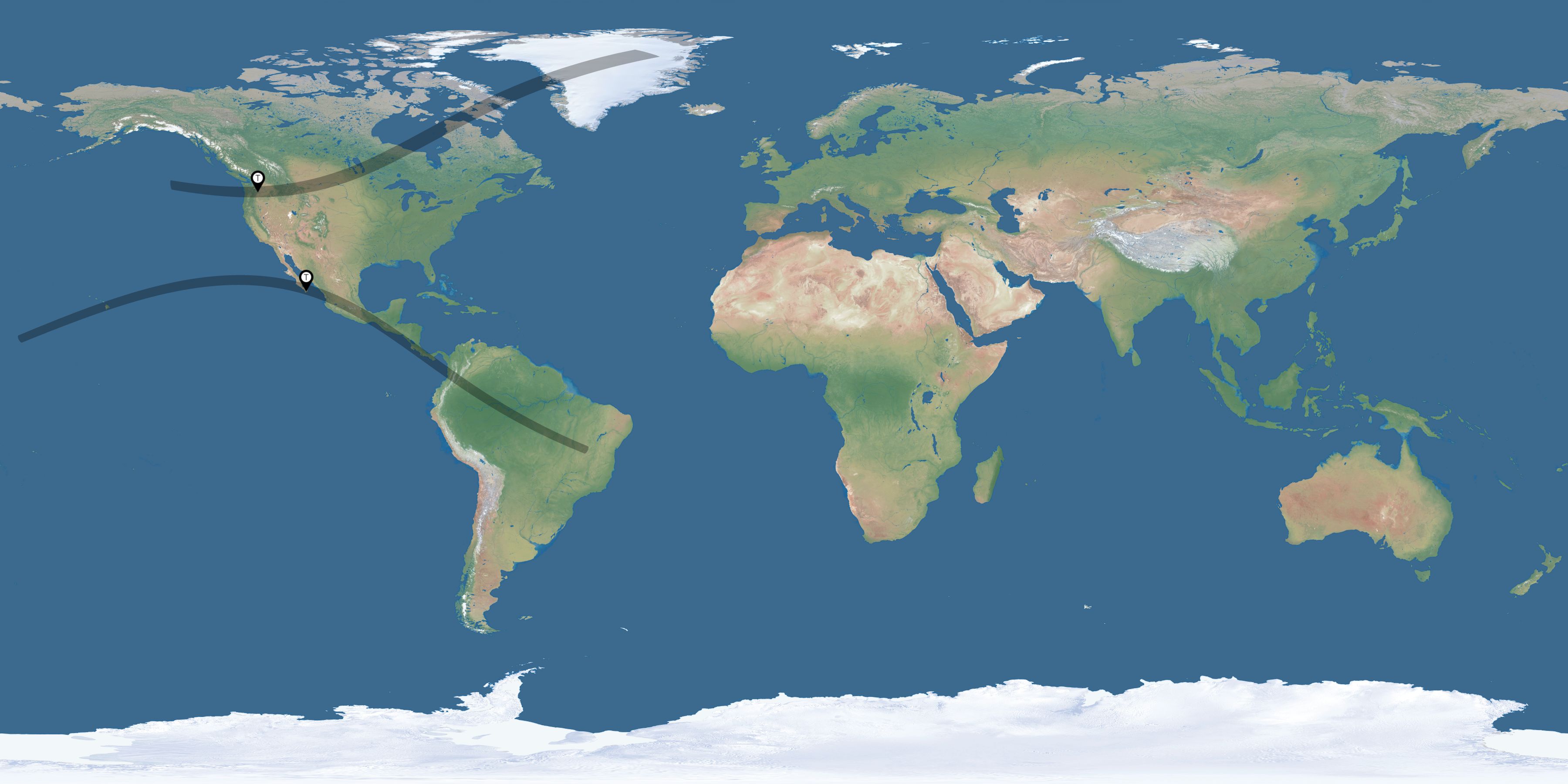 Map of the solar eclipses reported by Bryan Yoshida