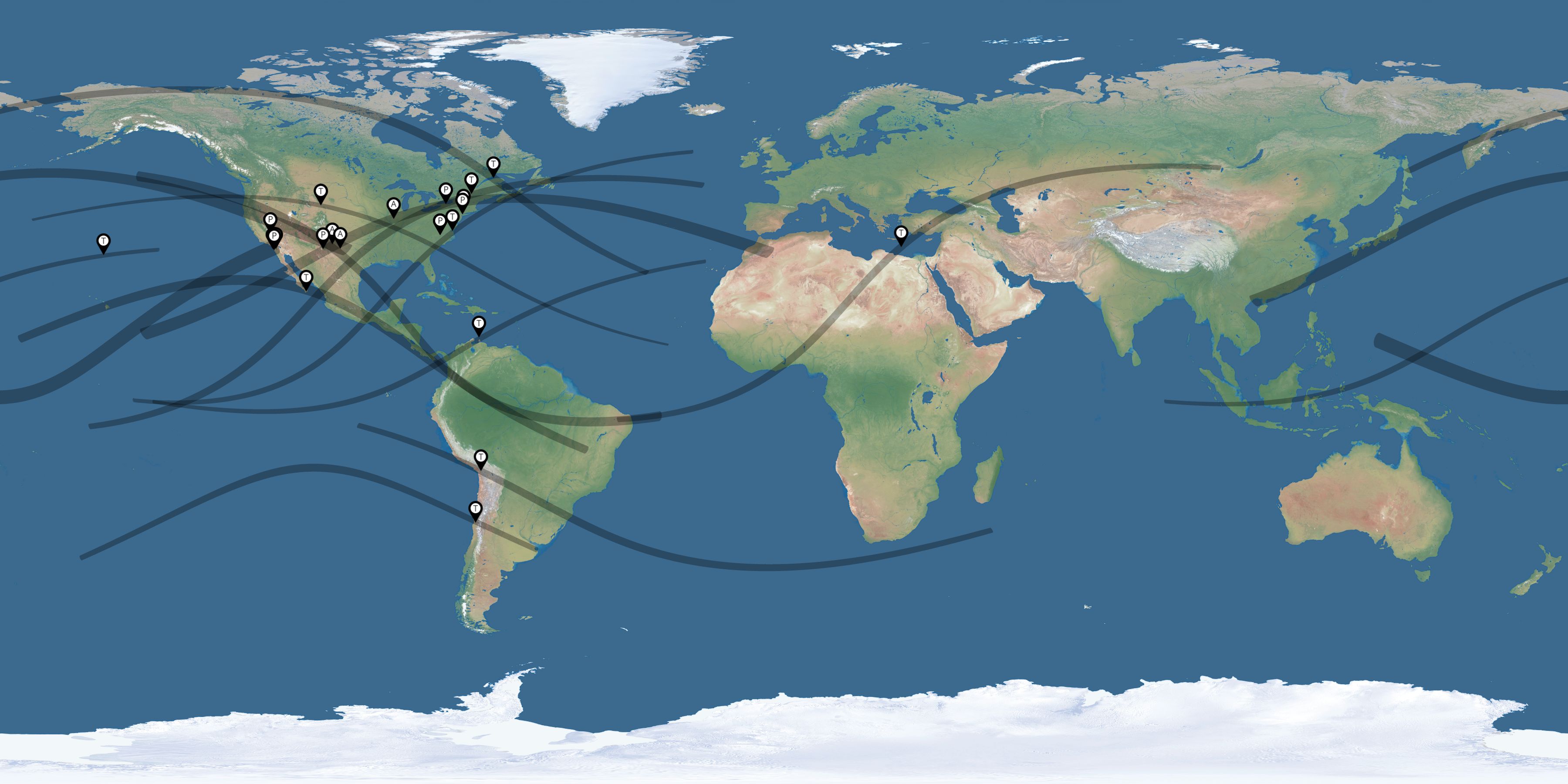 Map of the solar eclipses reported by Evan Zucker