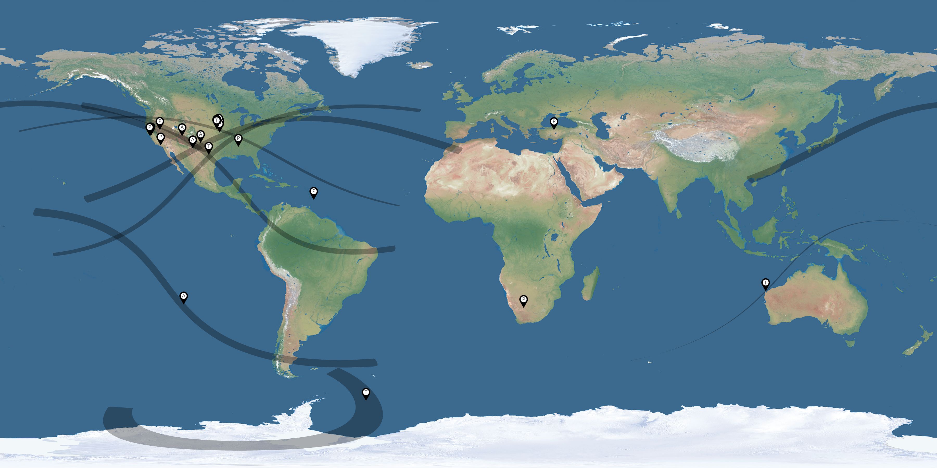 Map of the solar eclipses reported by Spott Spaulding