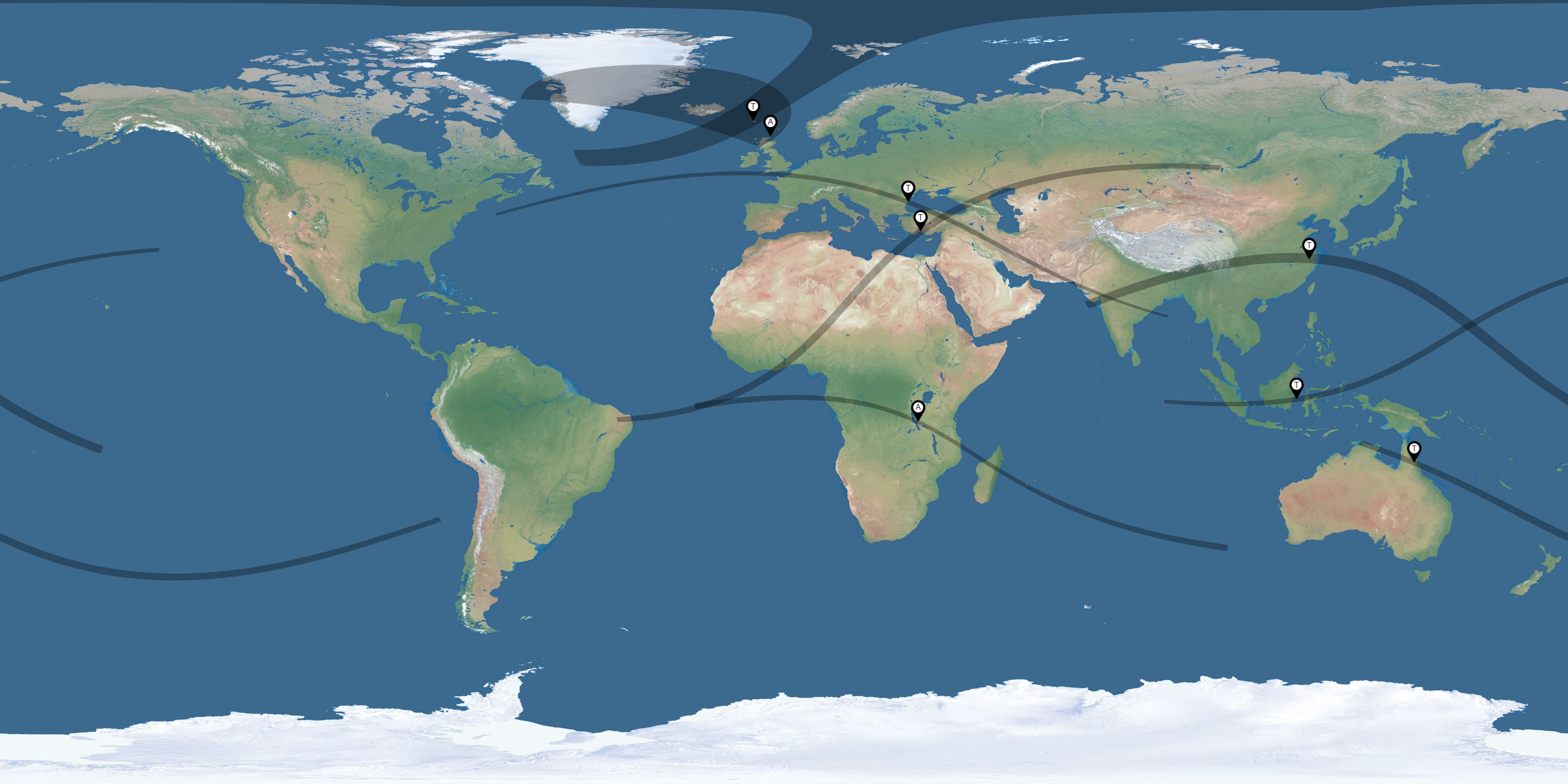 Map of the solar eclipses reported by Terry Moseley