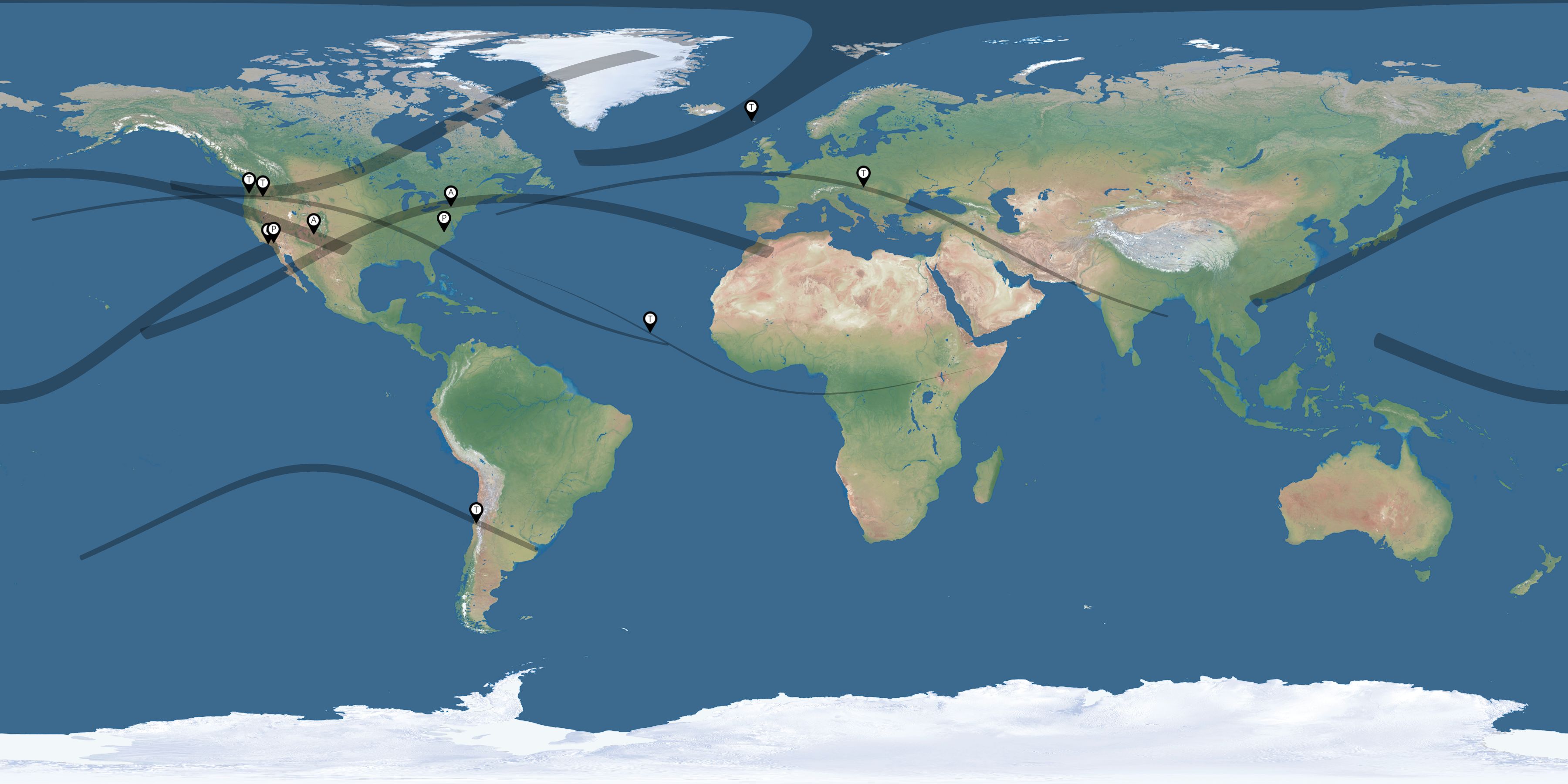 Map of the solar eclipses reported by Tyler Nordgren