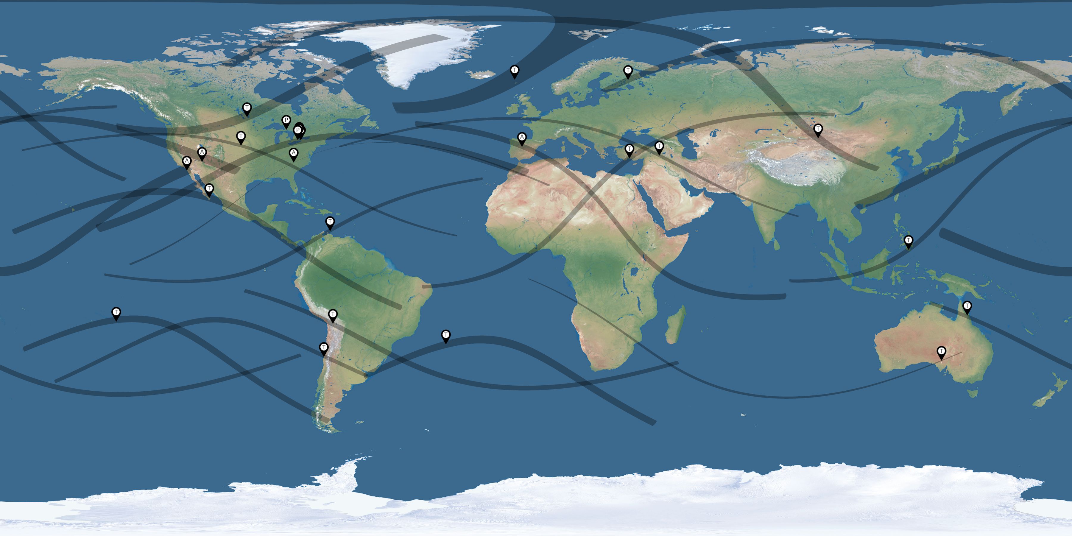 Map of the solar eclipses reported by Chris Malicki