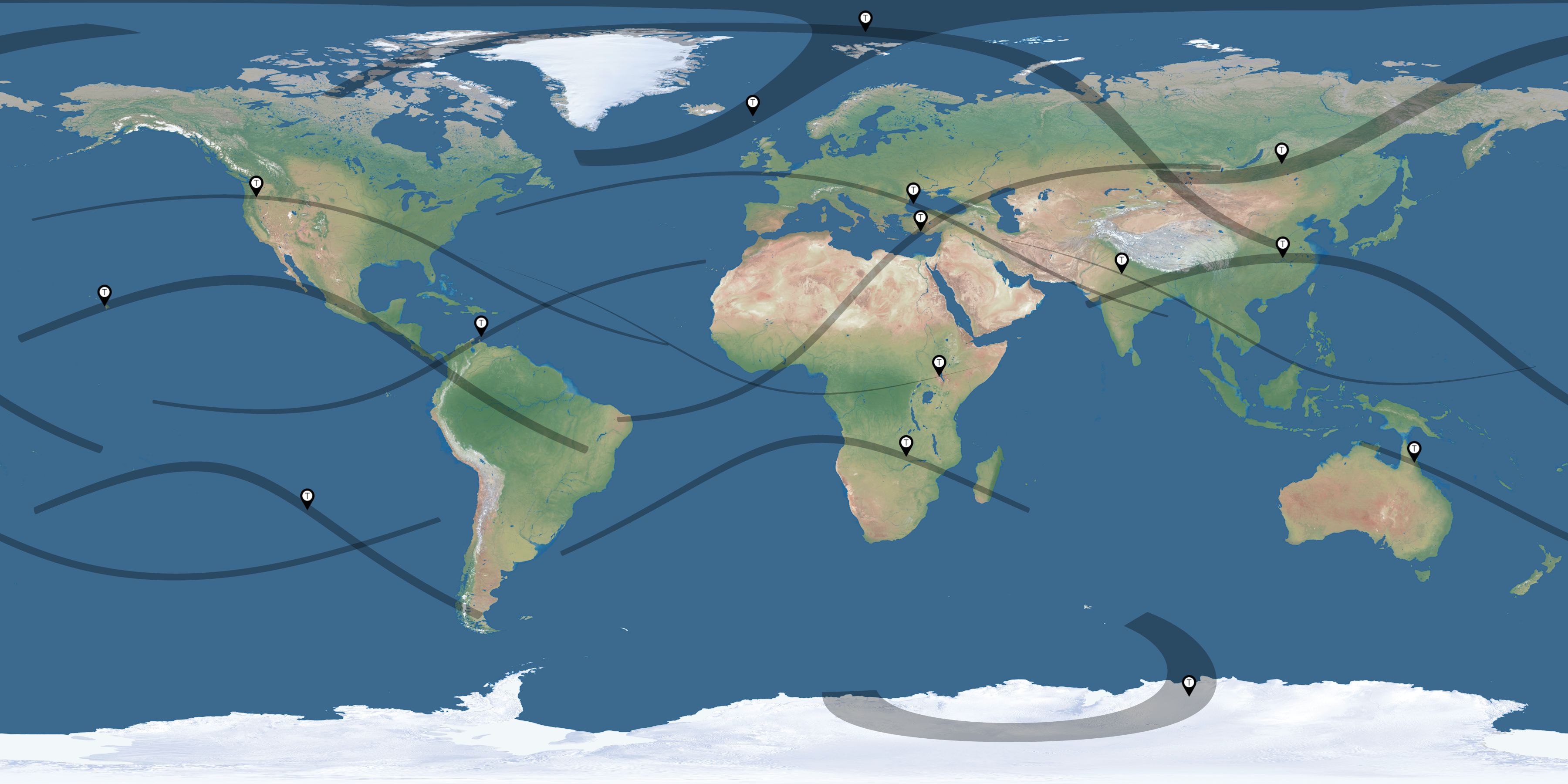 Map of the solar eclipses reported by Steve Kolodny