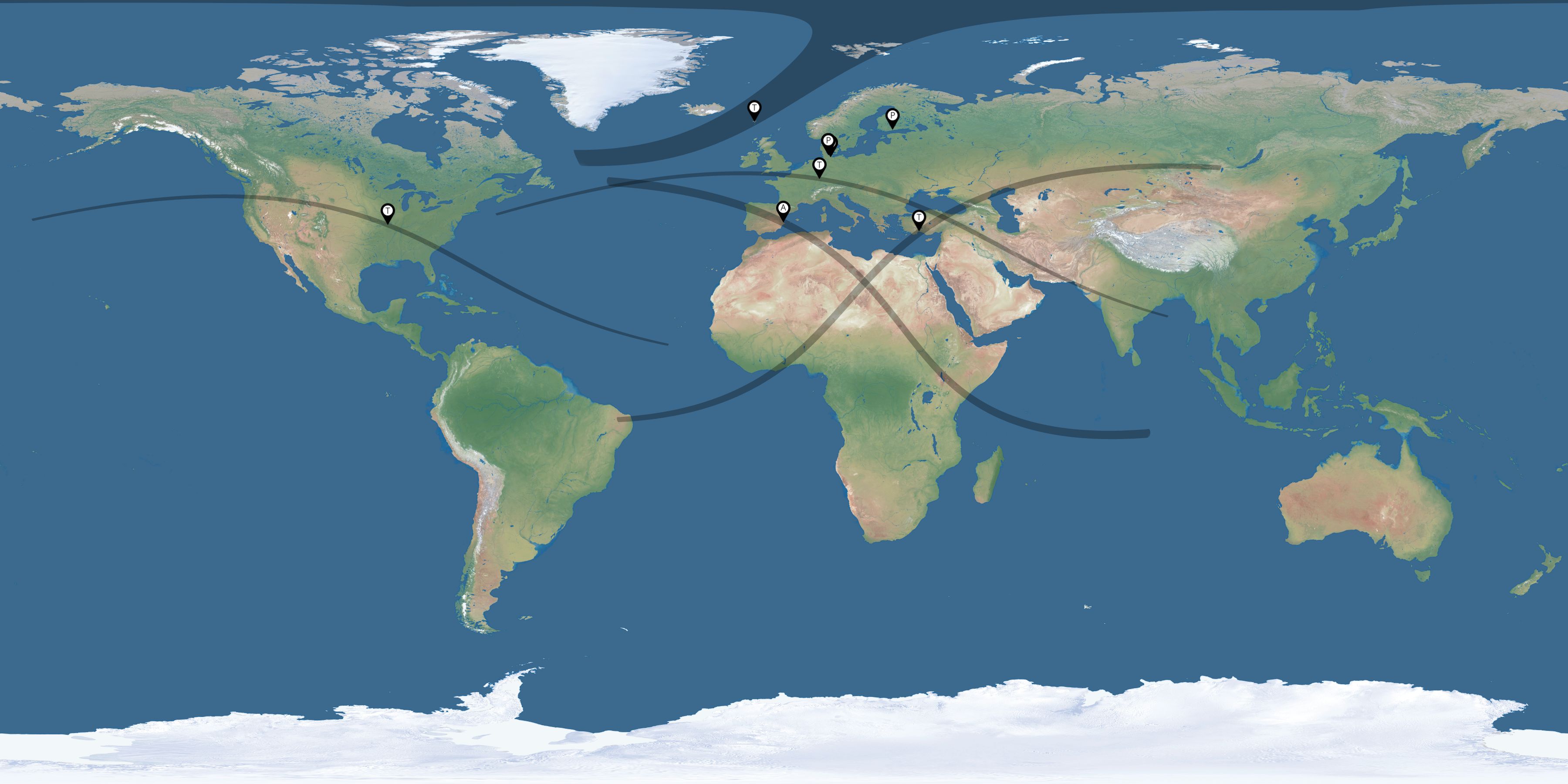 Map of the solar eclipses reported by Markus Schütt