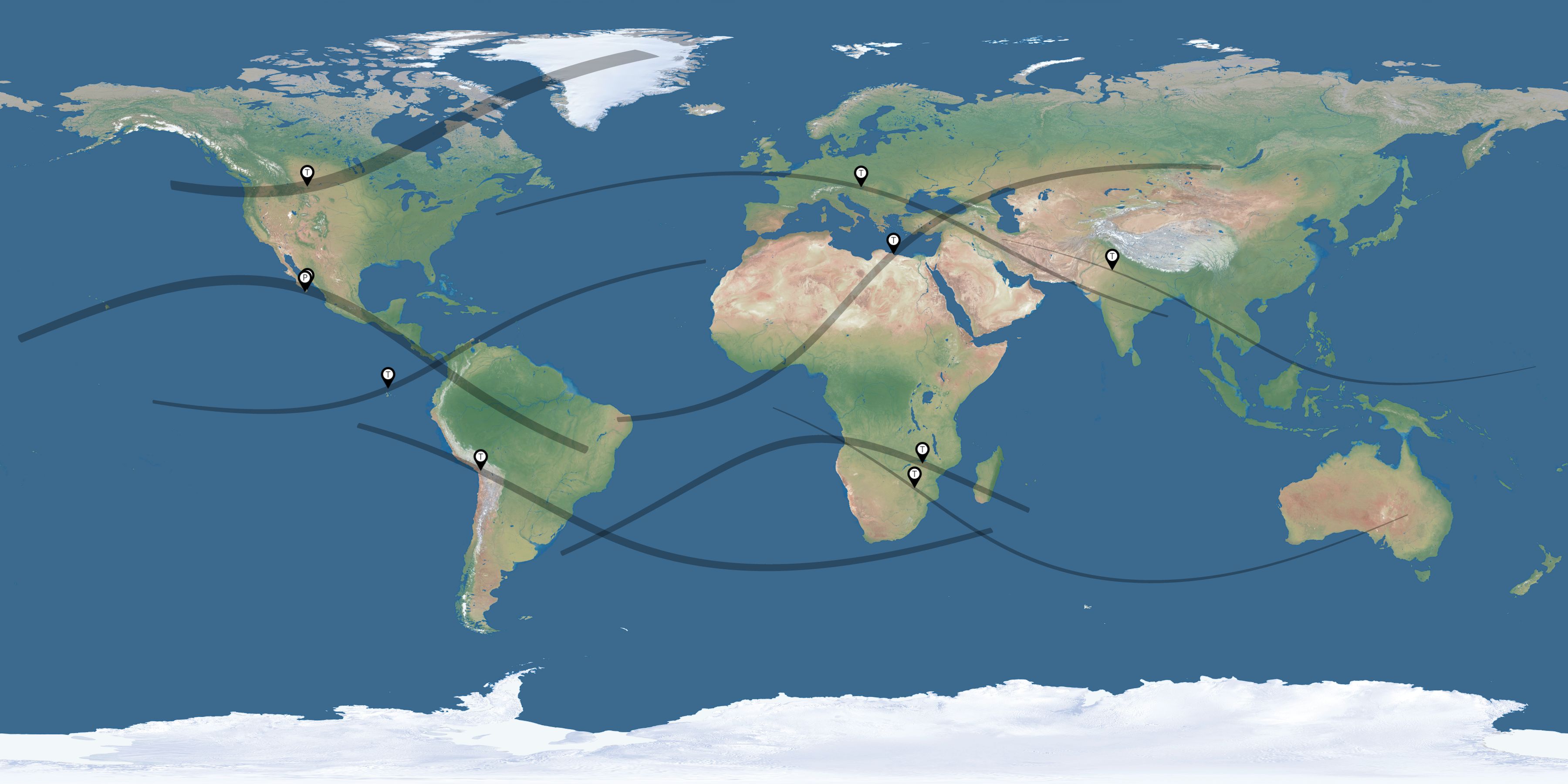 Map of the solar eclipses reported by Perry Hacking