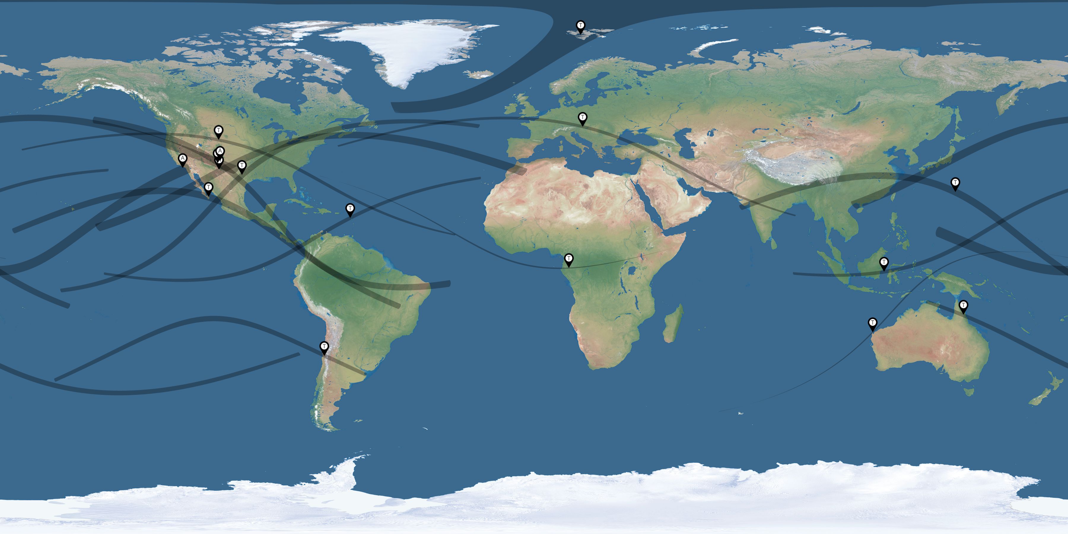 Map of the solar eclipses reported by Michael Zeiler