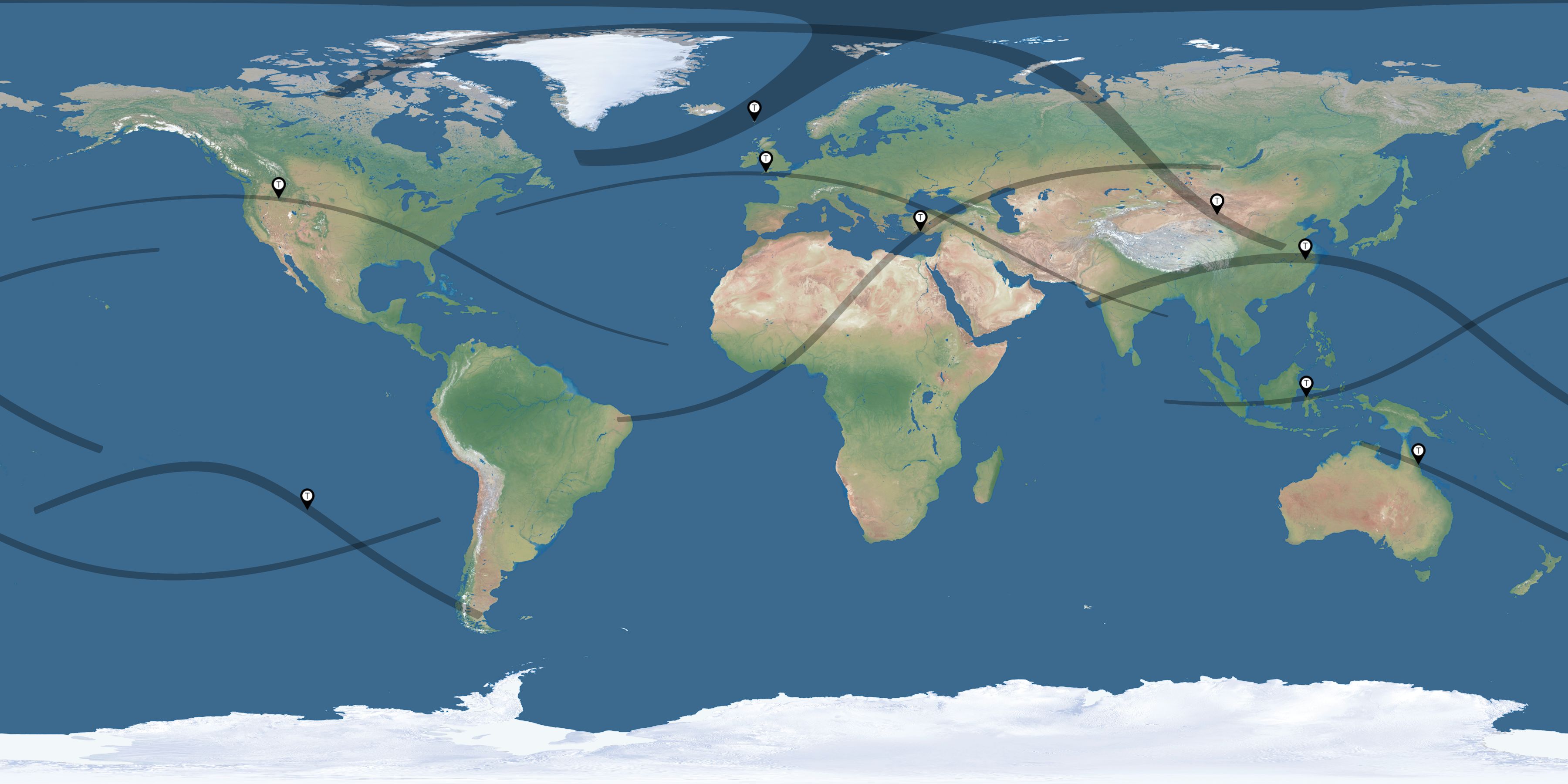 Map of the solar eclipses reported by Steve Harvey