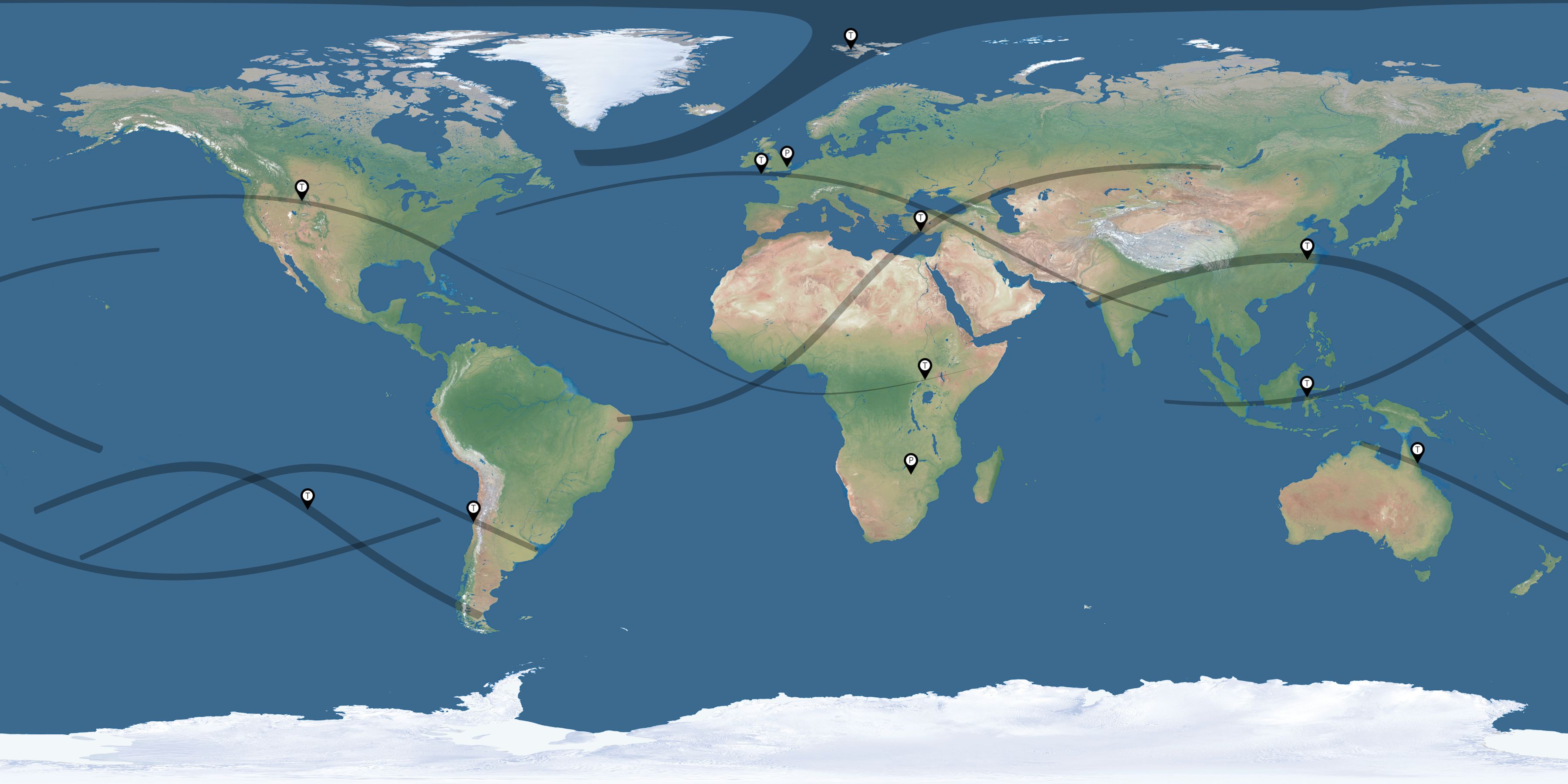 Map of the solar eclipses reported by Mandie Adams