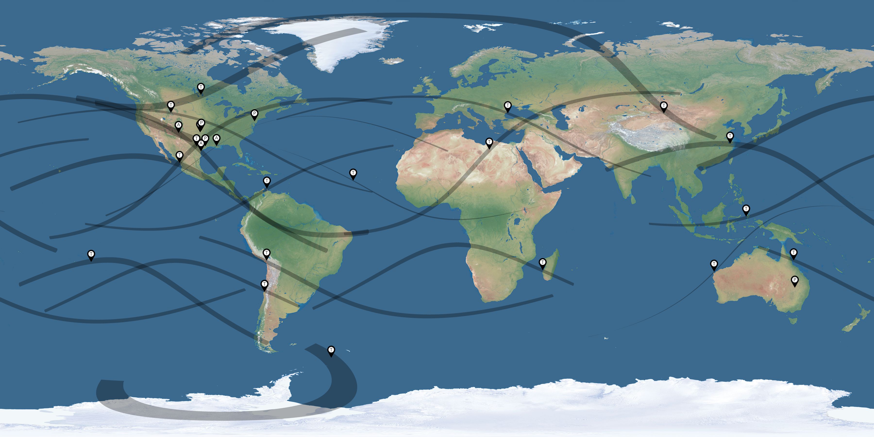 Map of the solar eclipses reported by Patricia Reiff