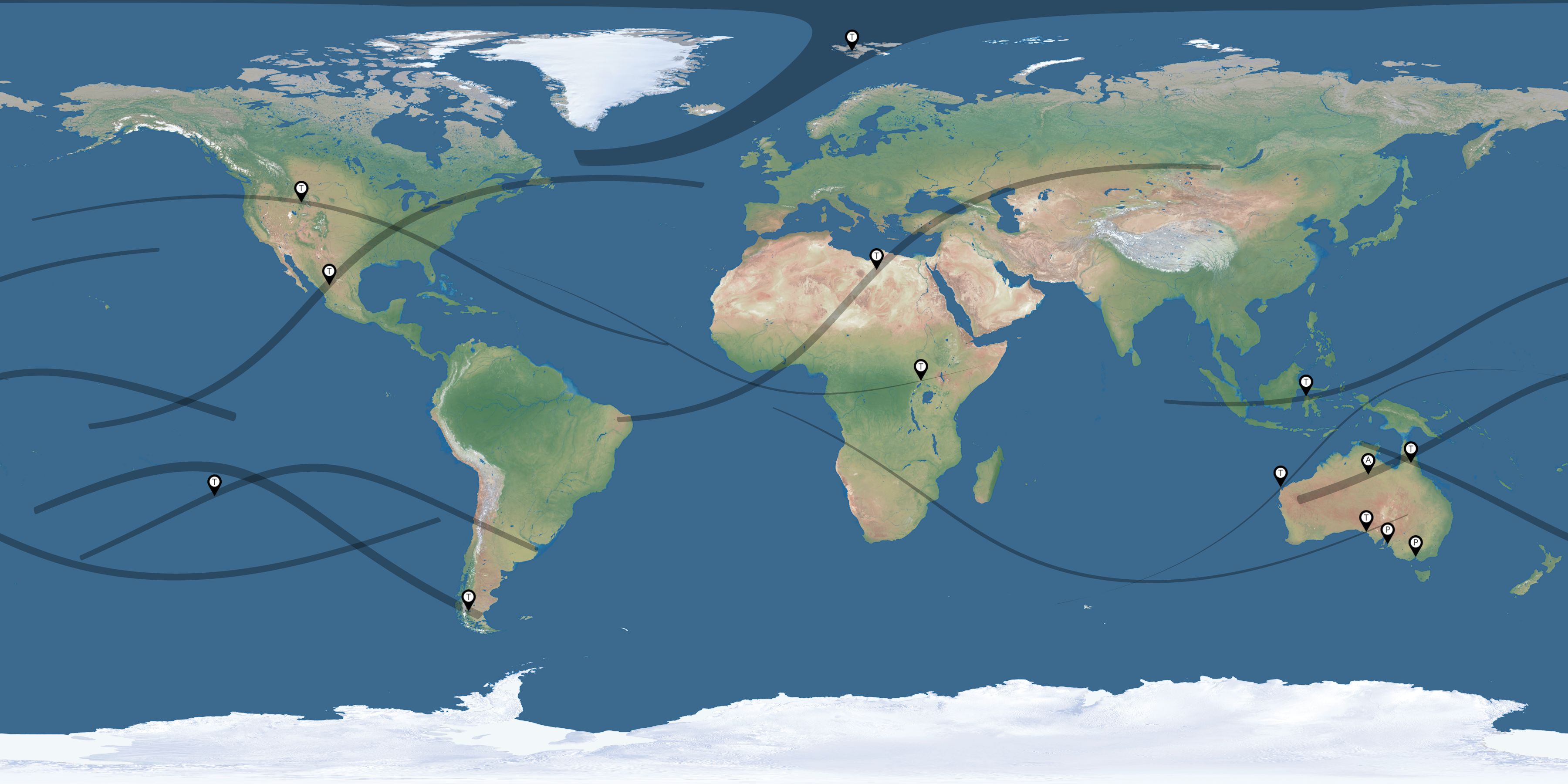 Map of the solar eclipses reported by Roderick Jeffrey Hill