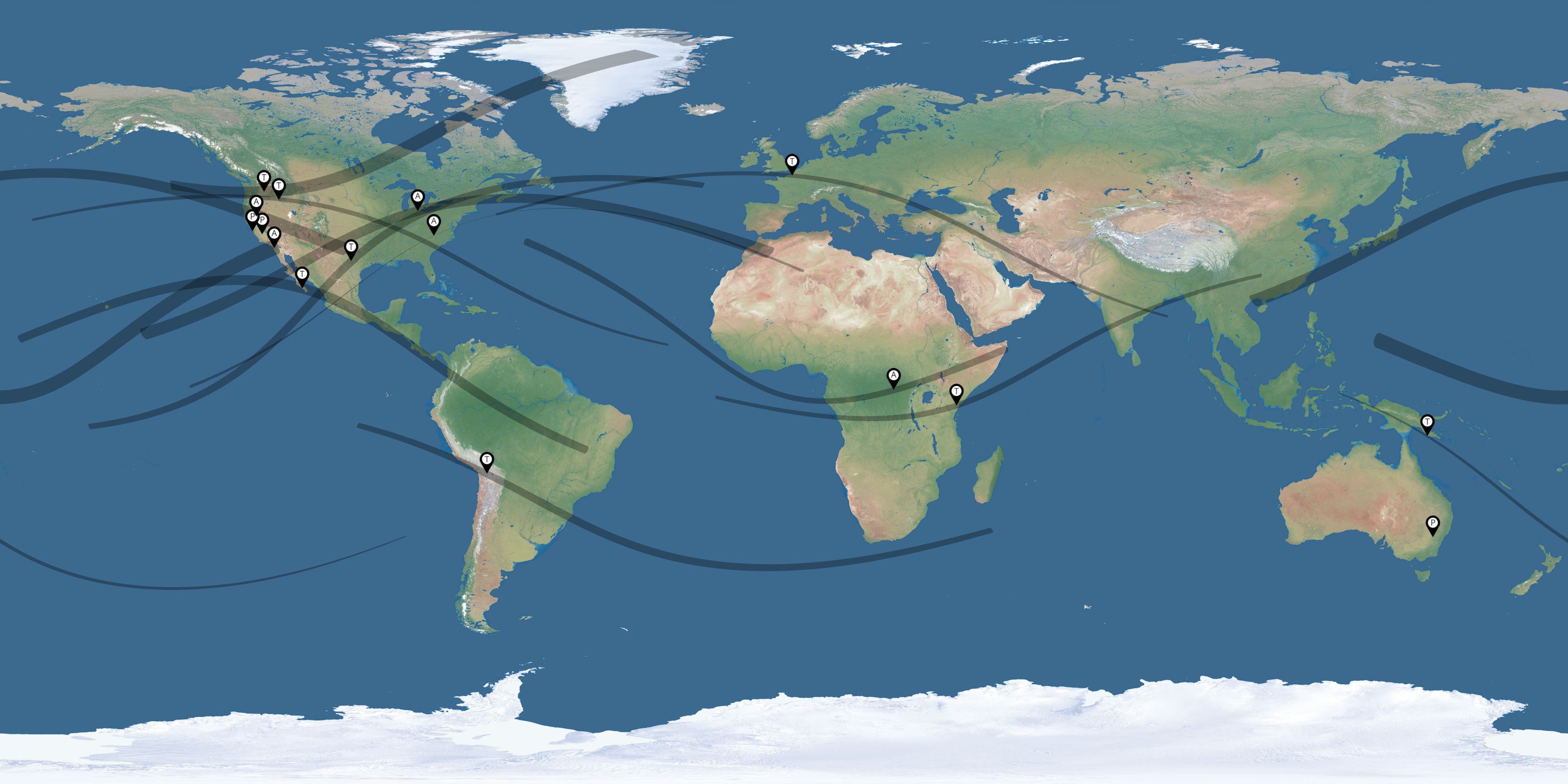 Map of the solar eclipses reported by Hiram Clawson