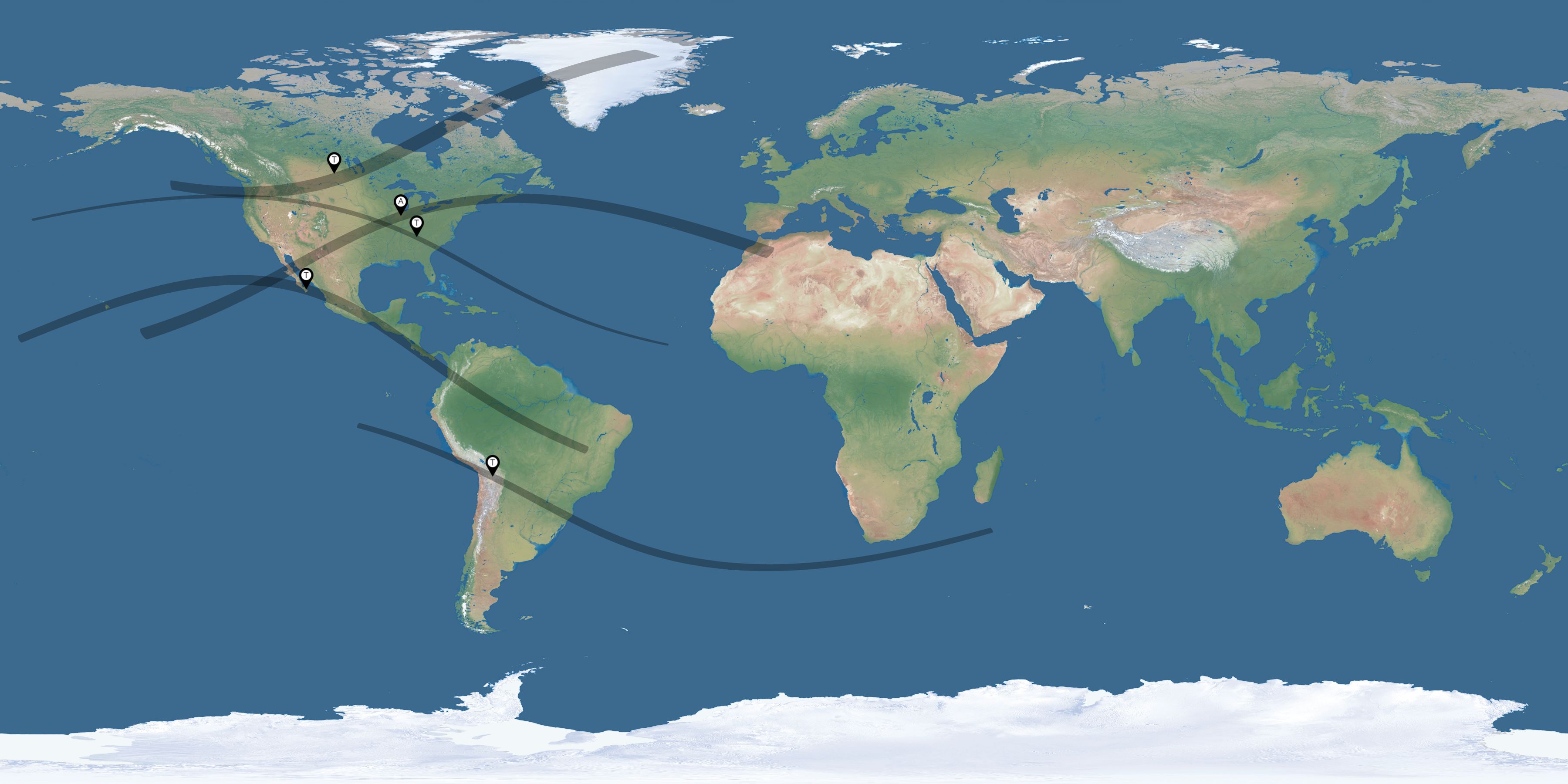 Map of the solar eclipses reported by Randy Tatum