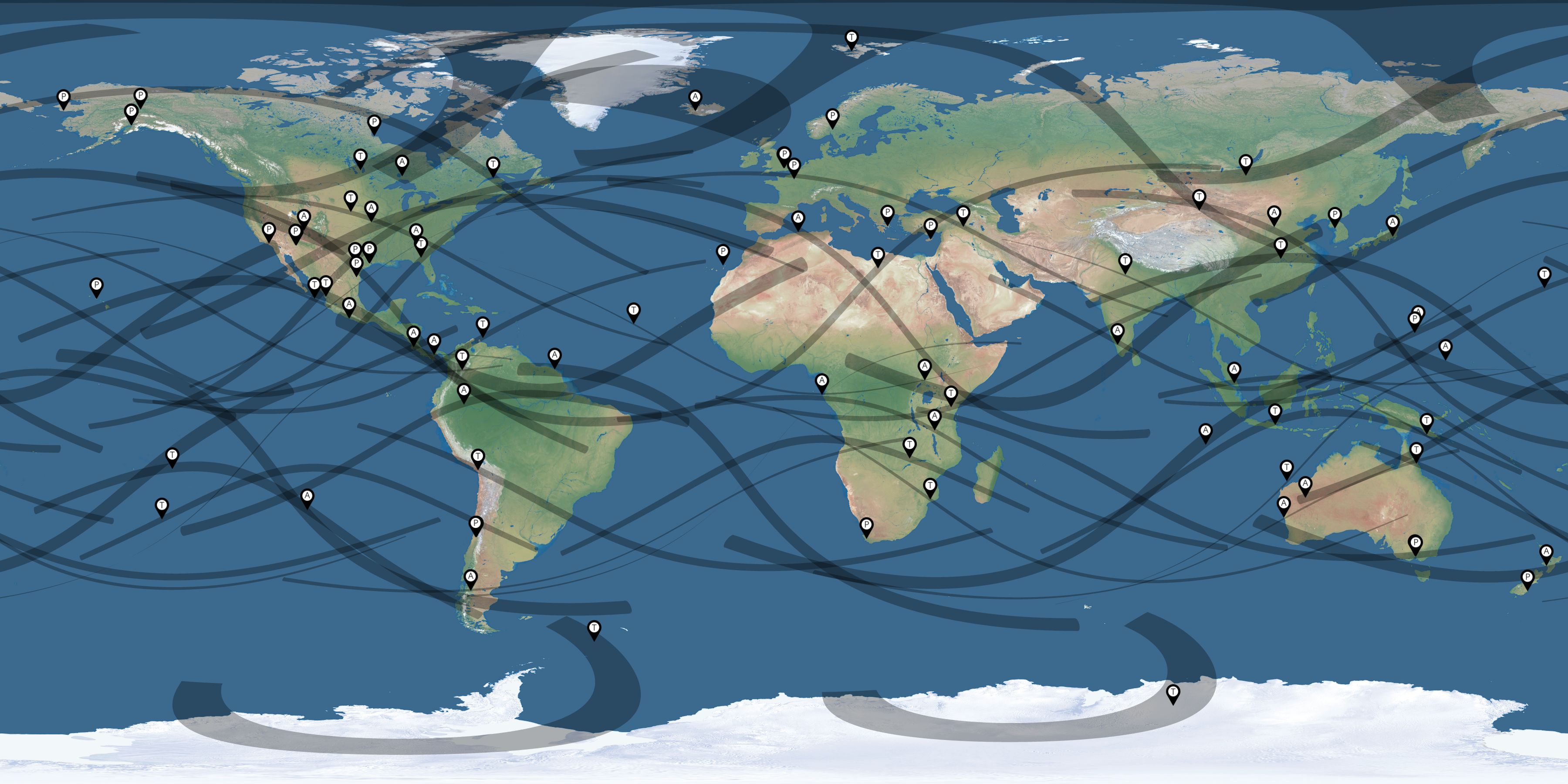 Map of the solar eclipses reported by Paul D. Maley