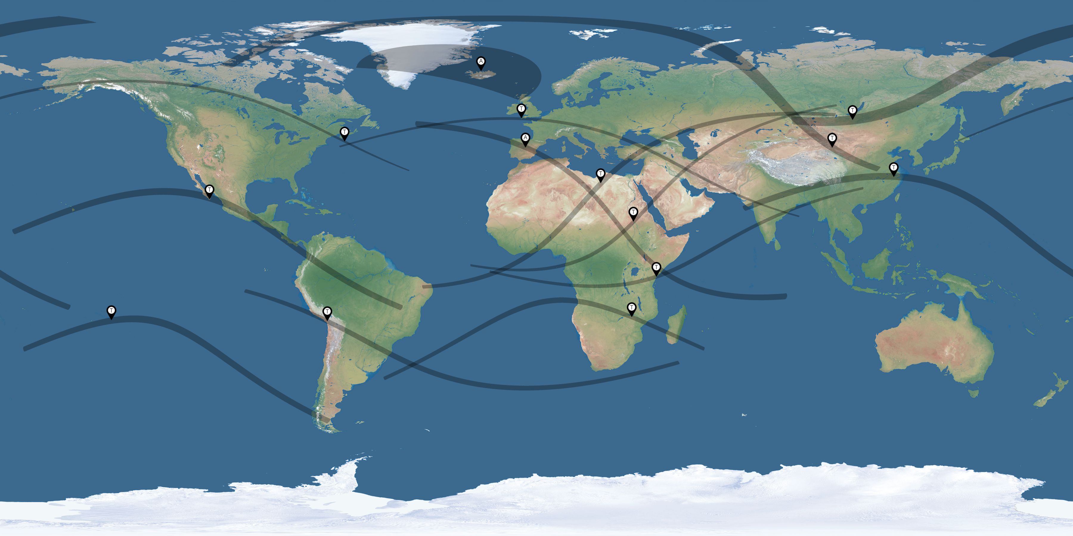 Map of the solar eclipses reported by Richard Monk