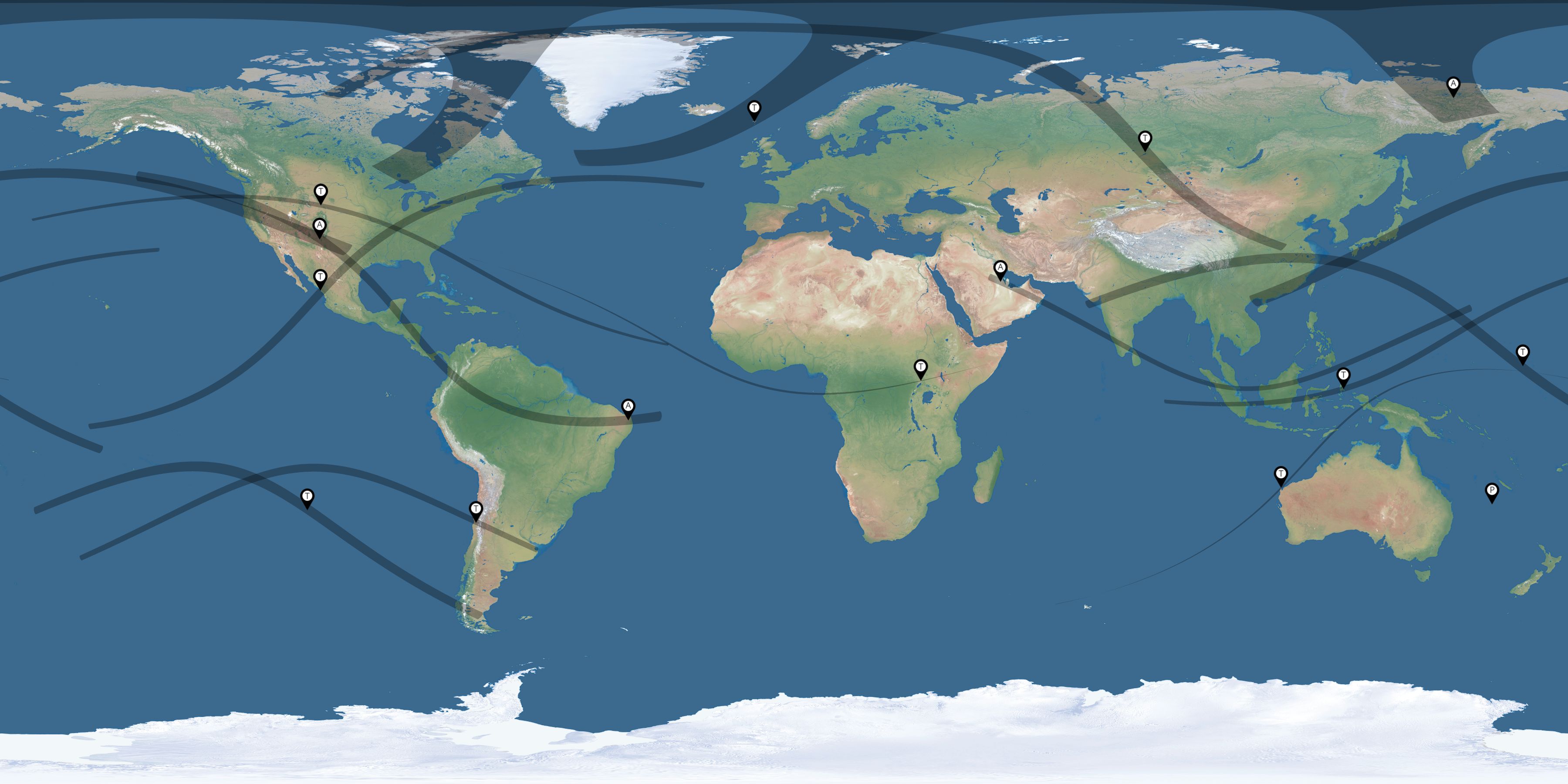 Map of the solar eclipses reported by Alexander Krivenyshev