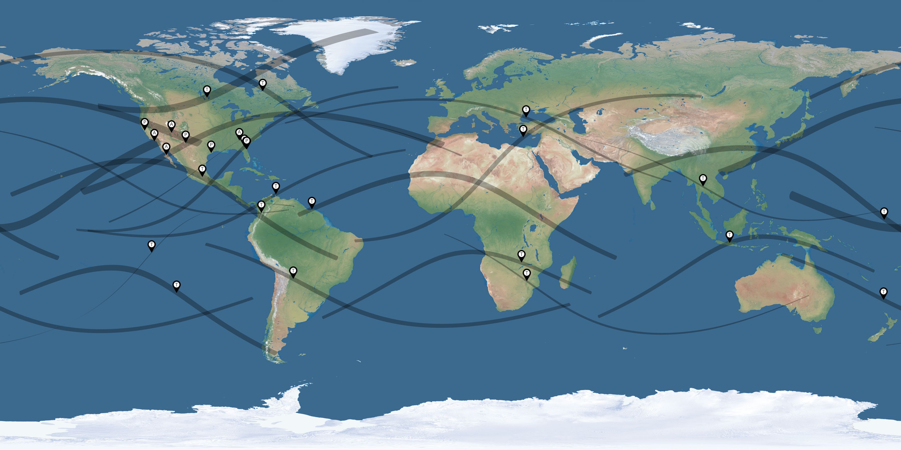 Map of the solar eclipses reported by Mike Reynolds