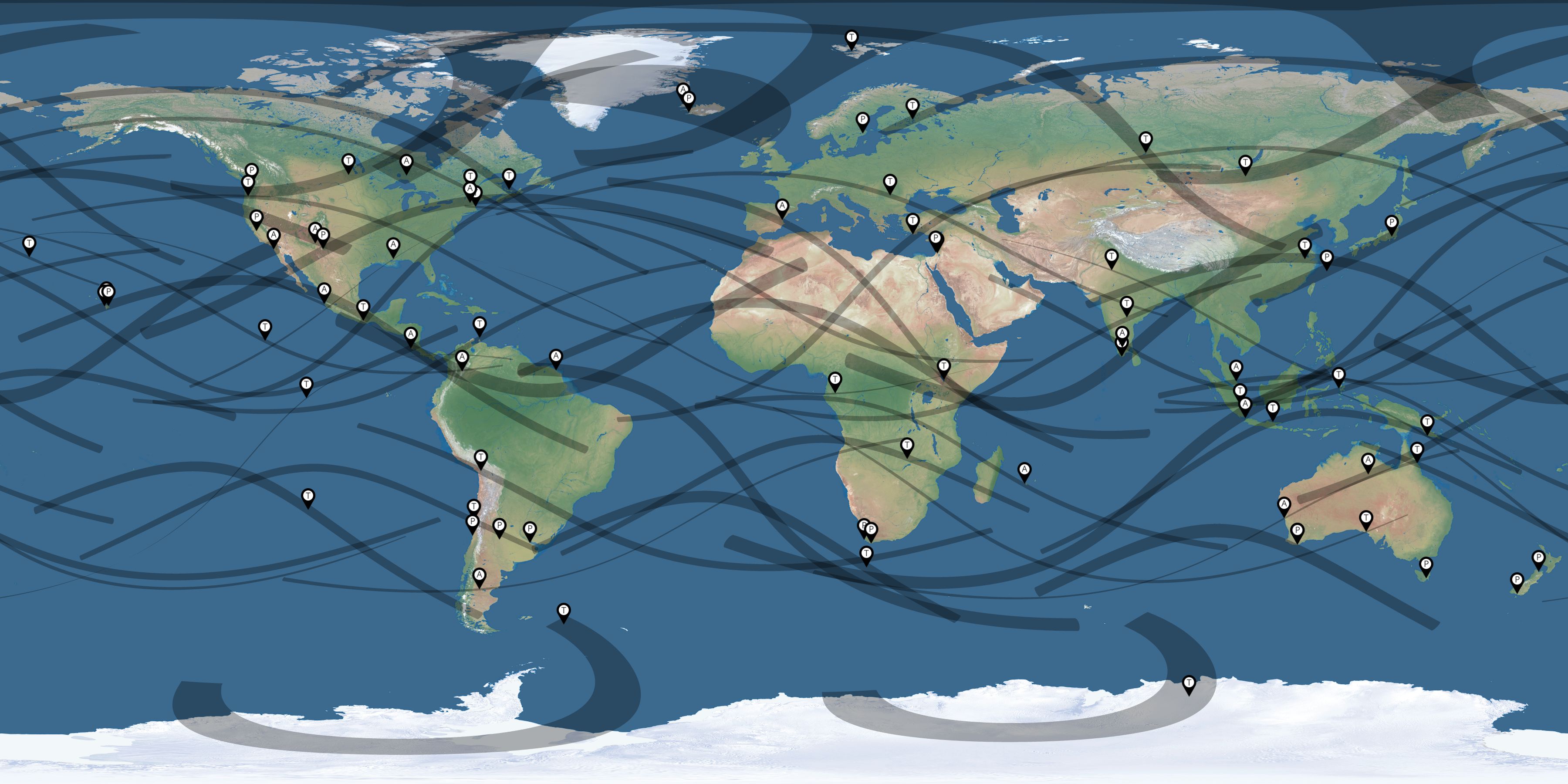 Map of the solar eclipses reported by Jay Pasachoff ✝