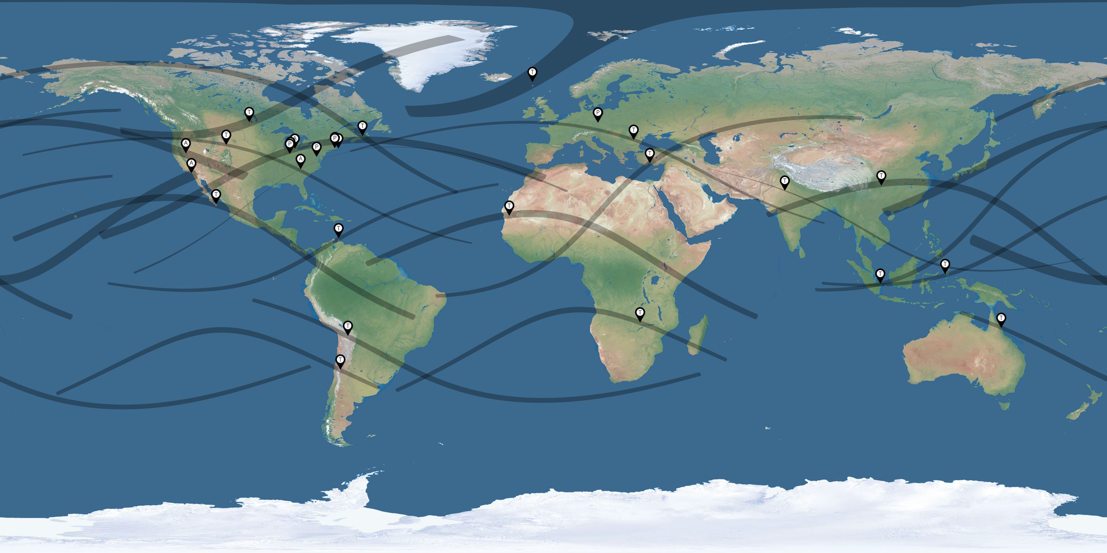 Map of the solar eclipses reported by Robert Slobins