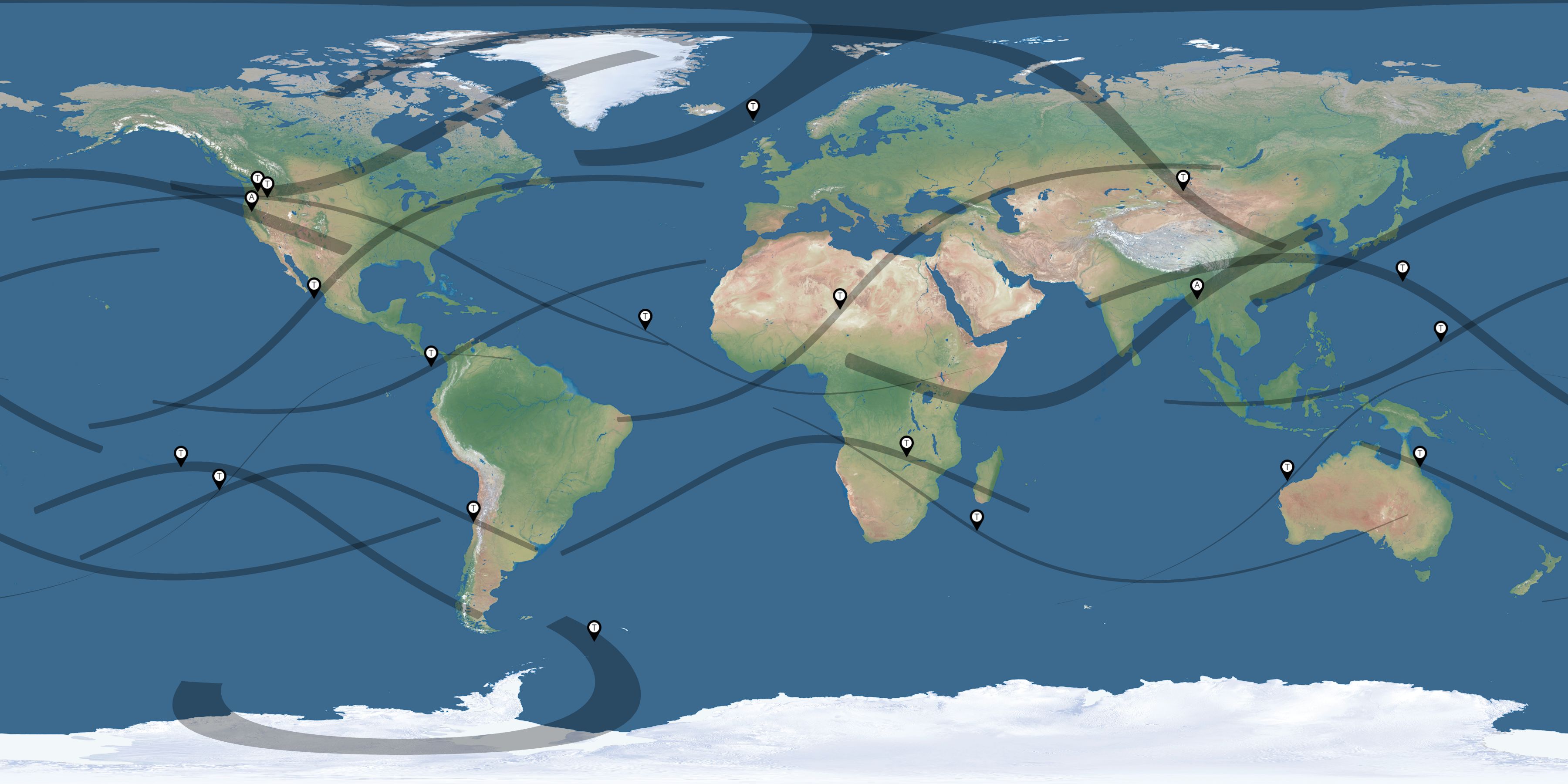 Map of the solar eclipses reported by Joe Malnar