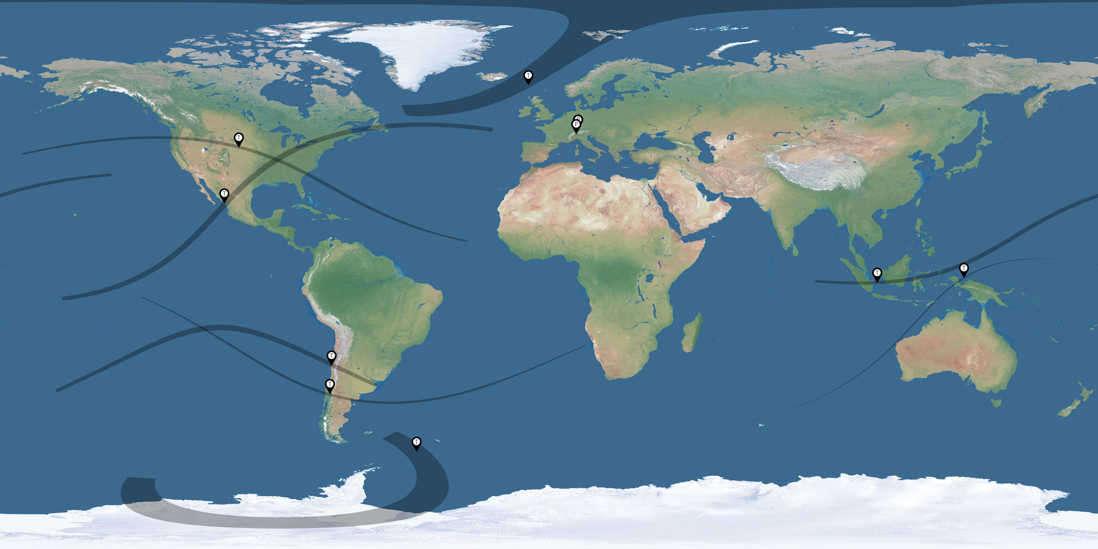 Map of the solar eclipses reported by Thomas Steffen