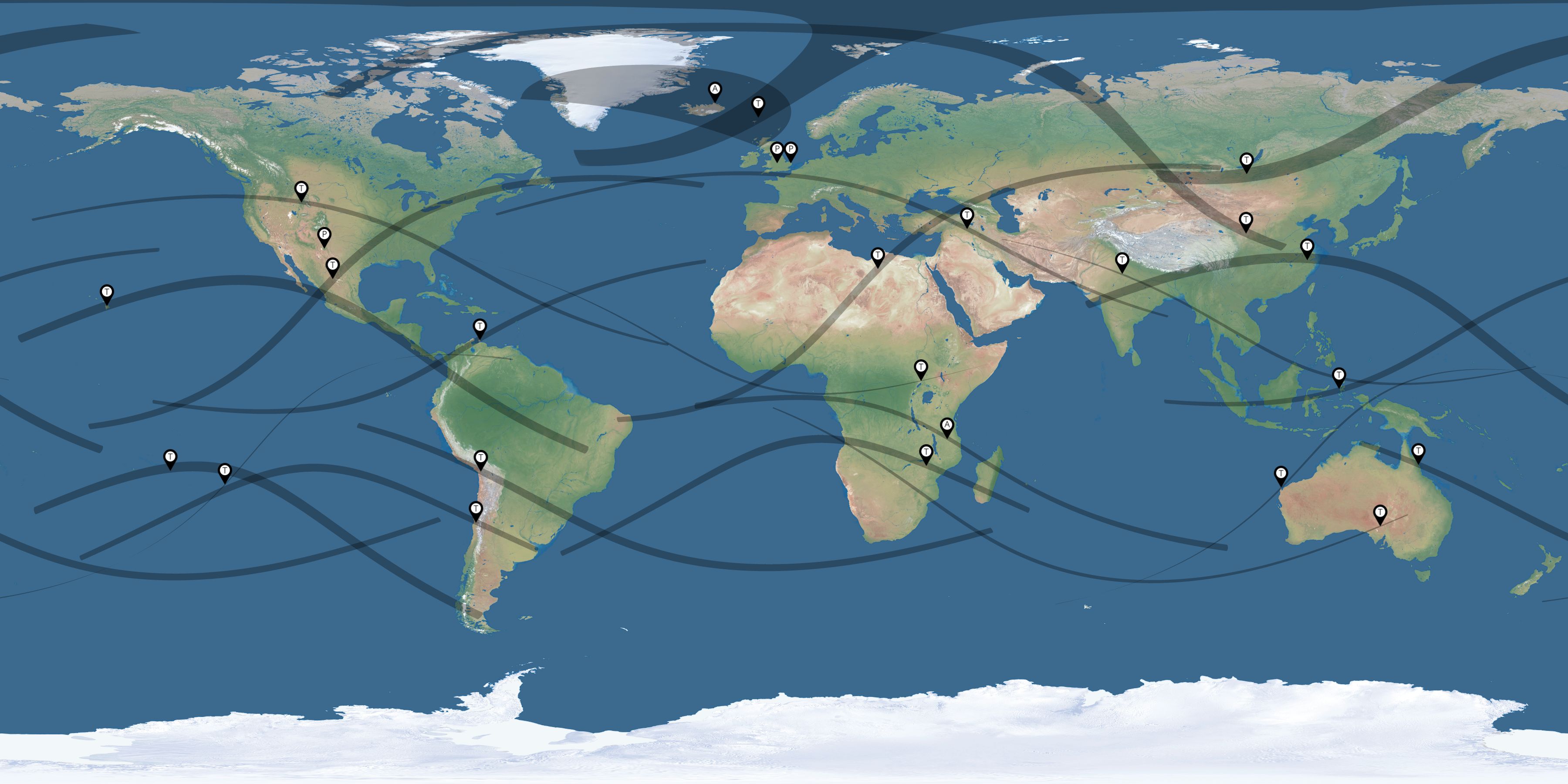Map of the solar eclipses reported by Gillian Perry