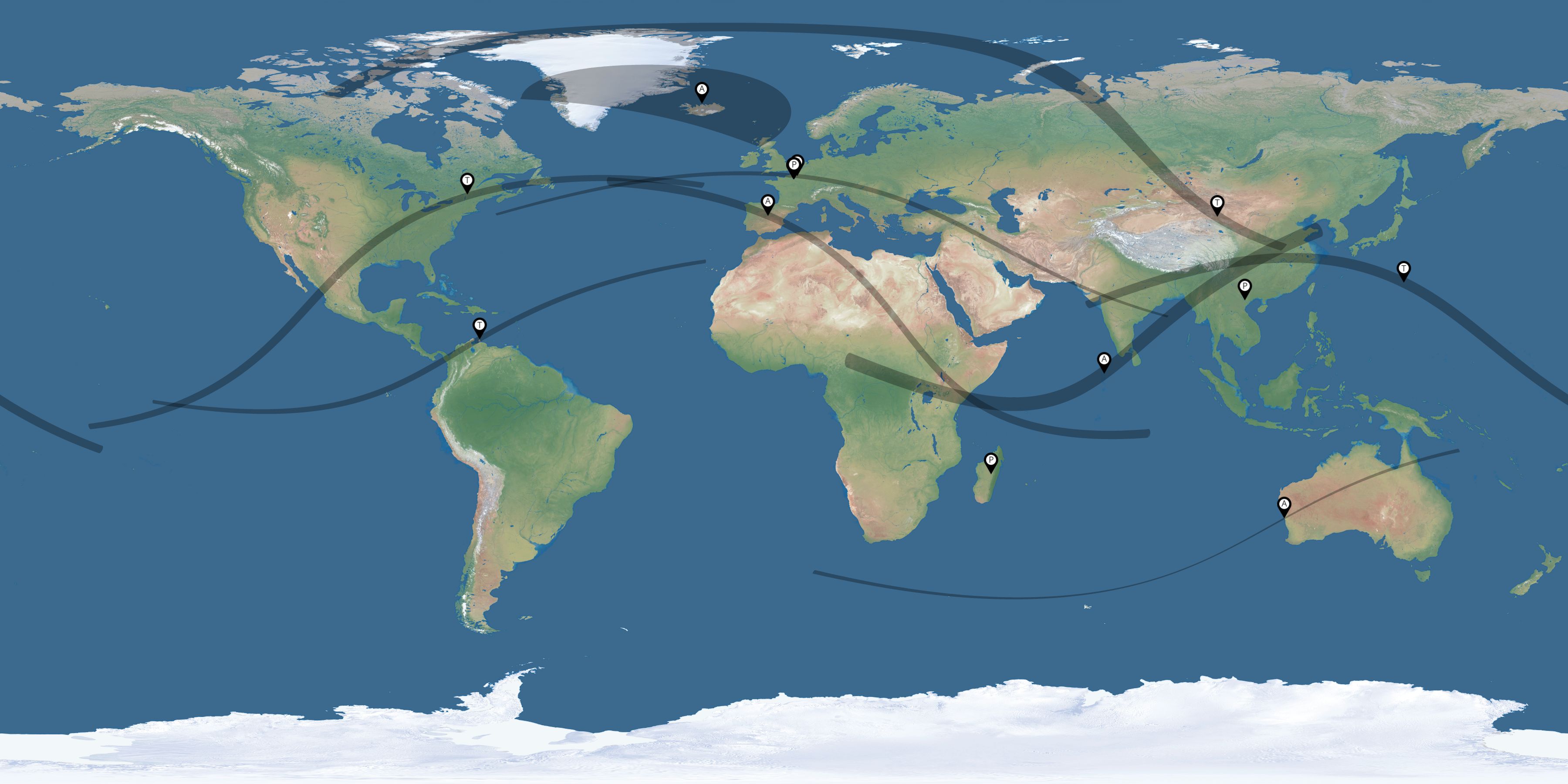 Map of the solar eclipses reported by Serge Cioffi