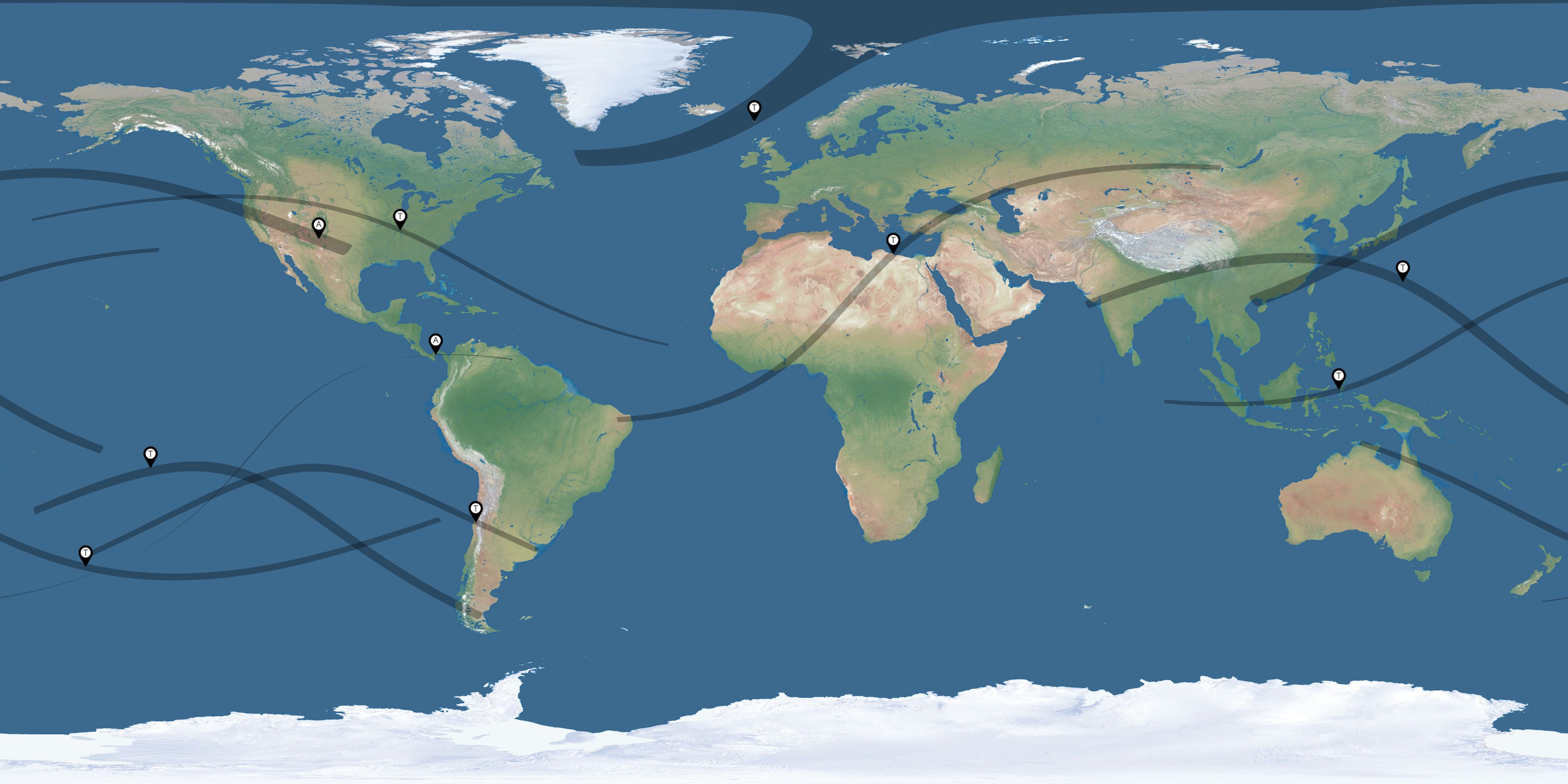 Map of the solar eclipses reported by Terri Rejimbal