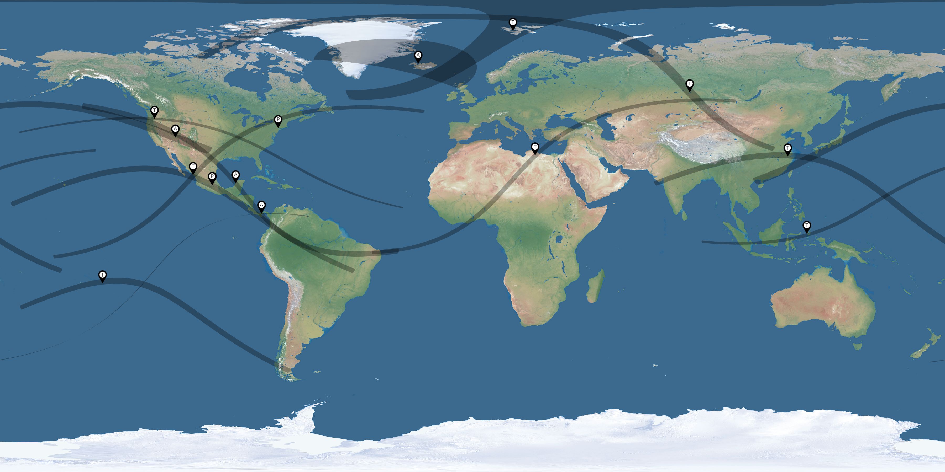 Map of the solar eclipses reported by Ruben Ruiz