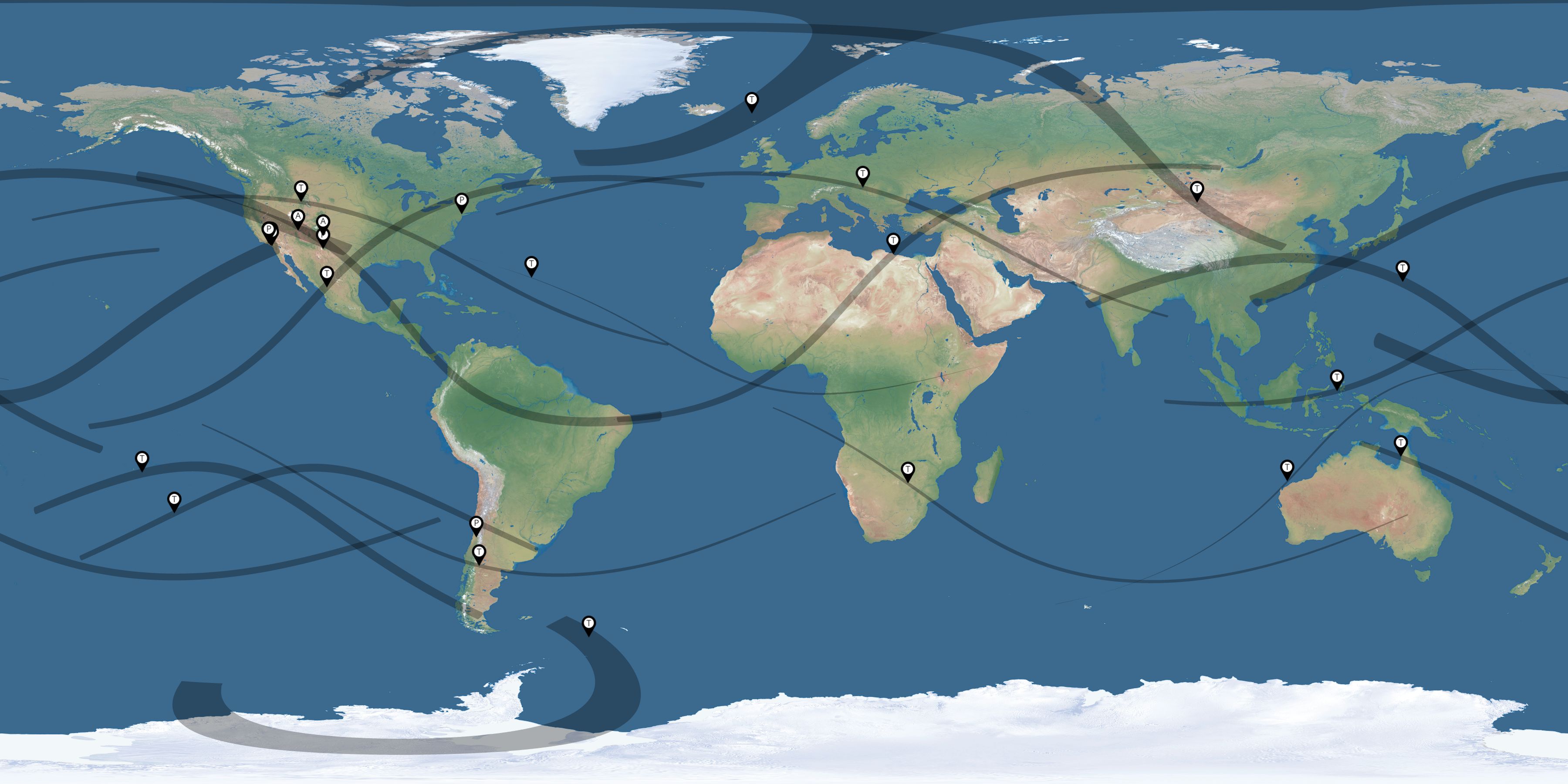 Map of the solar eclipses reported by Tony Crocker