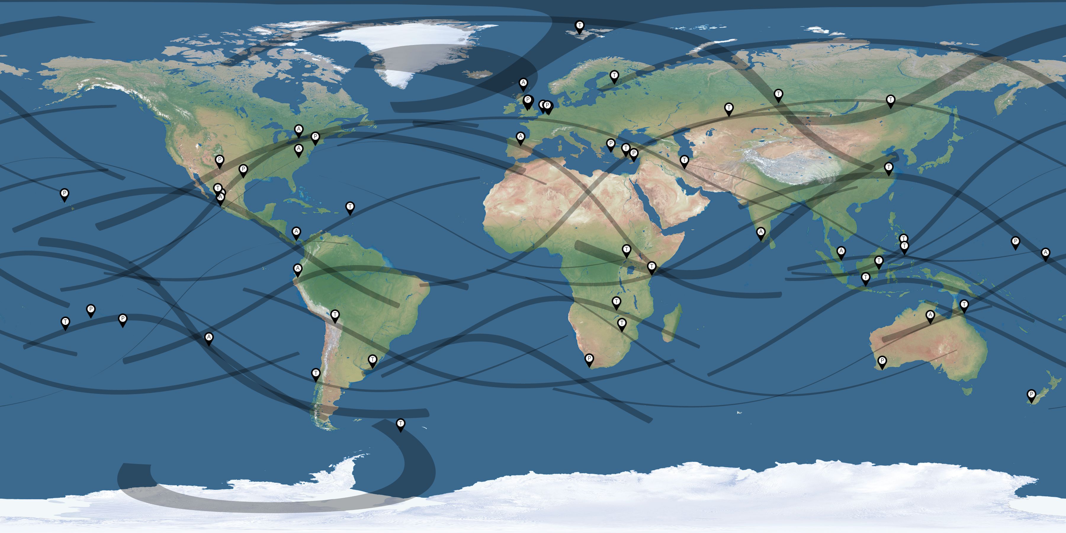 Map of the solar eclipses reported by Patrick Poitevin