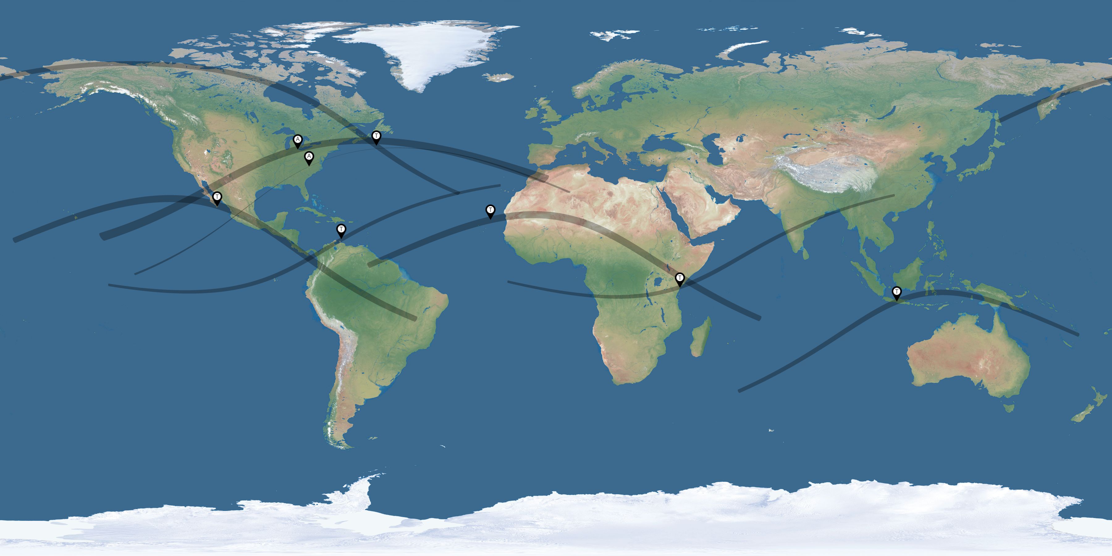 Map of the solar eclipses reported by Frank Kramer ✝