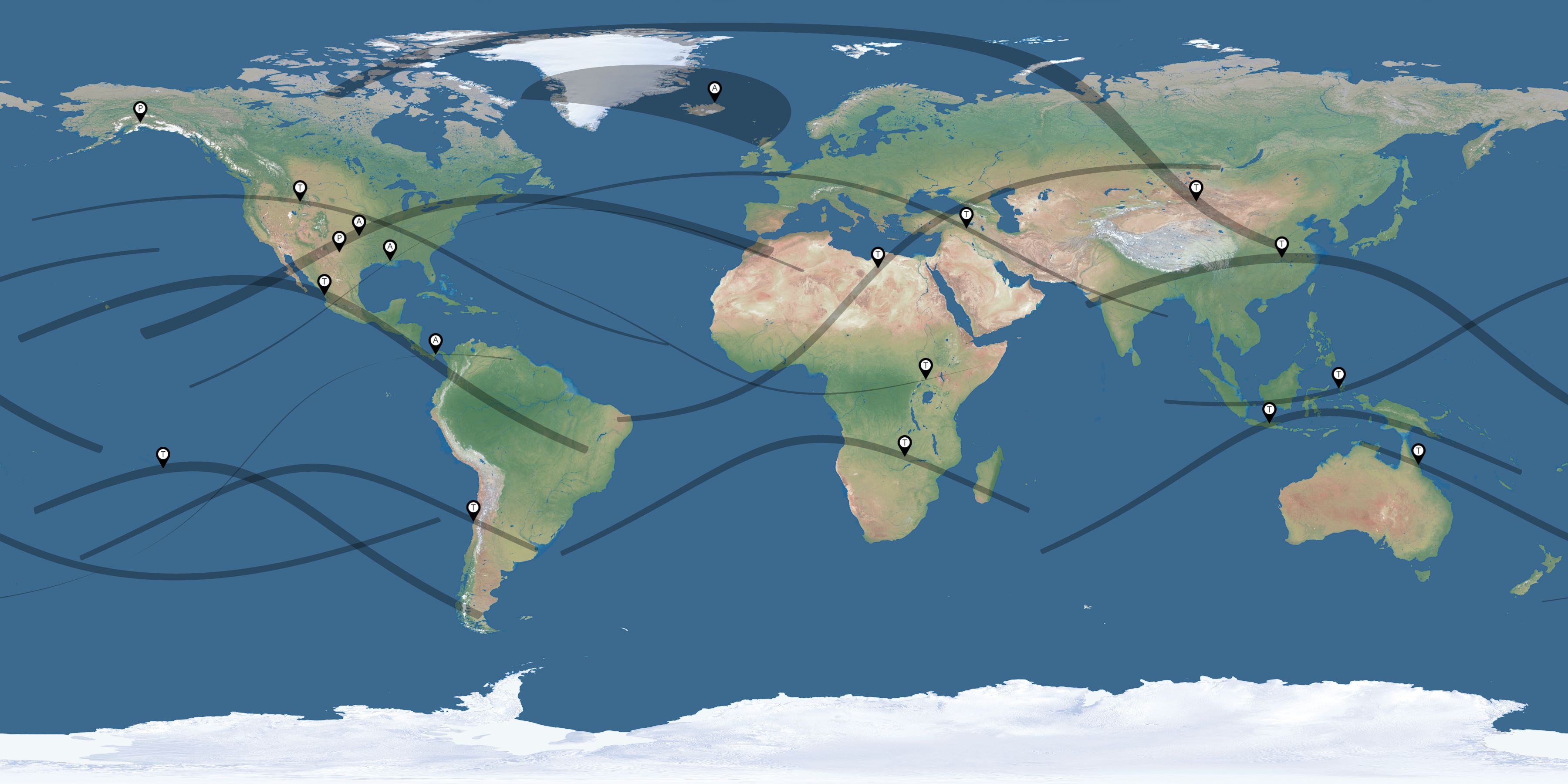 Map of the solar eclipses reported by Debbie Moran